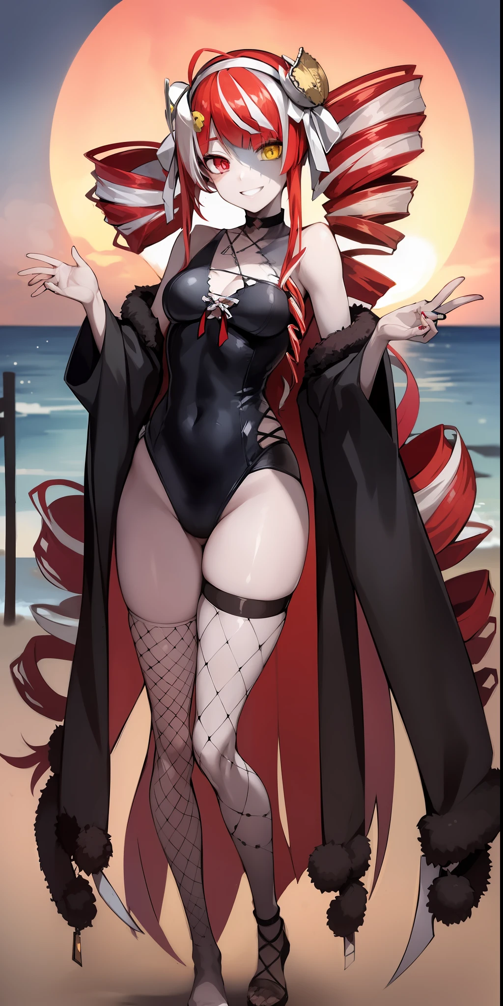 2d, masterpiece, best quality, anime, highly detailed face, highly detailed eyes, highly detailed background, perfect lighting, full body, 1girl, solo, ollie_drills, zombie, patchwork skin, drill hair, very long hair, swimsuit, white hairband, fur coat, fishnets, heterochromia, red eyes, yellow eyes, (from side:0.7), beach, smile, sunset