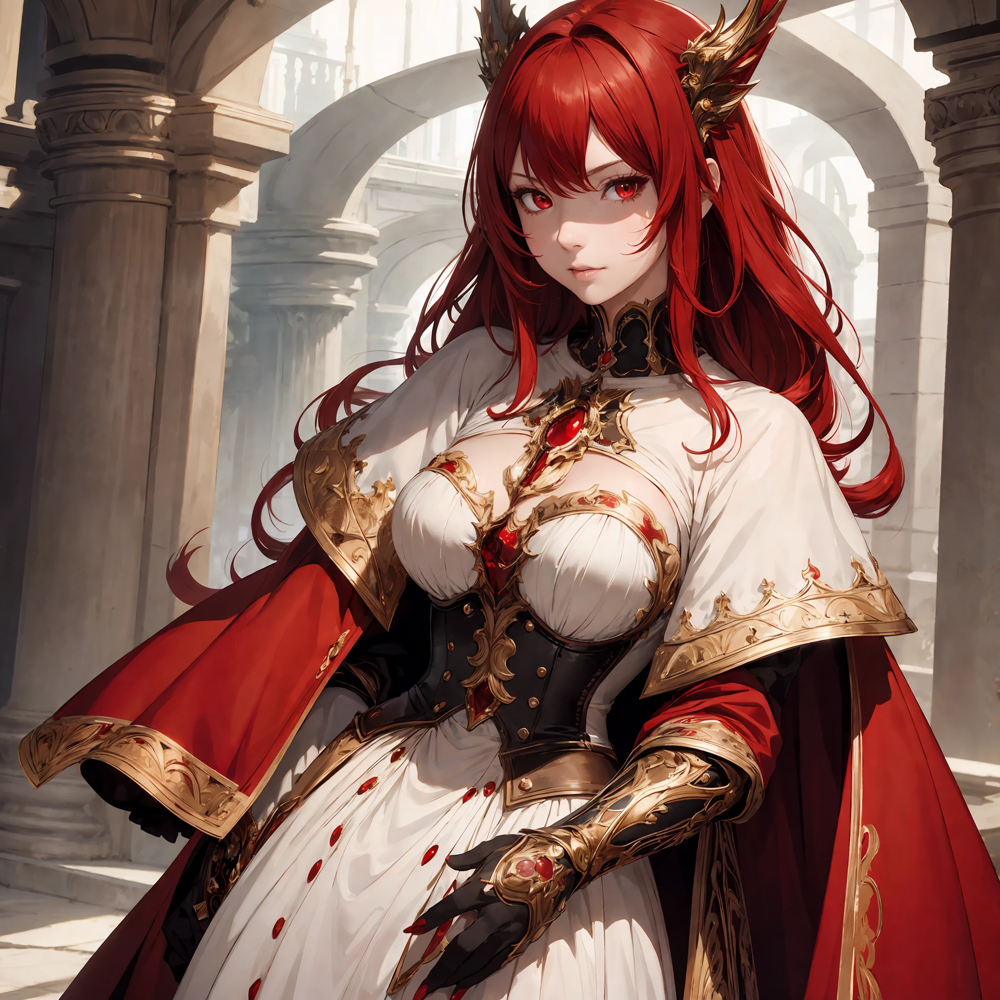 masterpiece, best quality, 1woman, adult, older MILF, female focus, solo, red hair, long hair with fringe, vibrant red eyes, looking at viewer, cape, High quality metal texture, closed mouth, bangs, high collar,(kbxll:0.6), Fantasy aesthetics, Highly detailed, shadowverse style, white dress