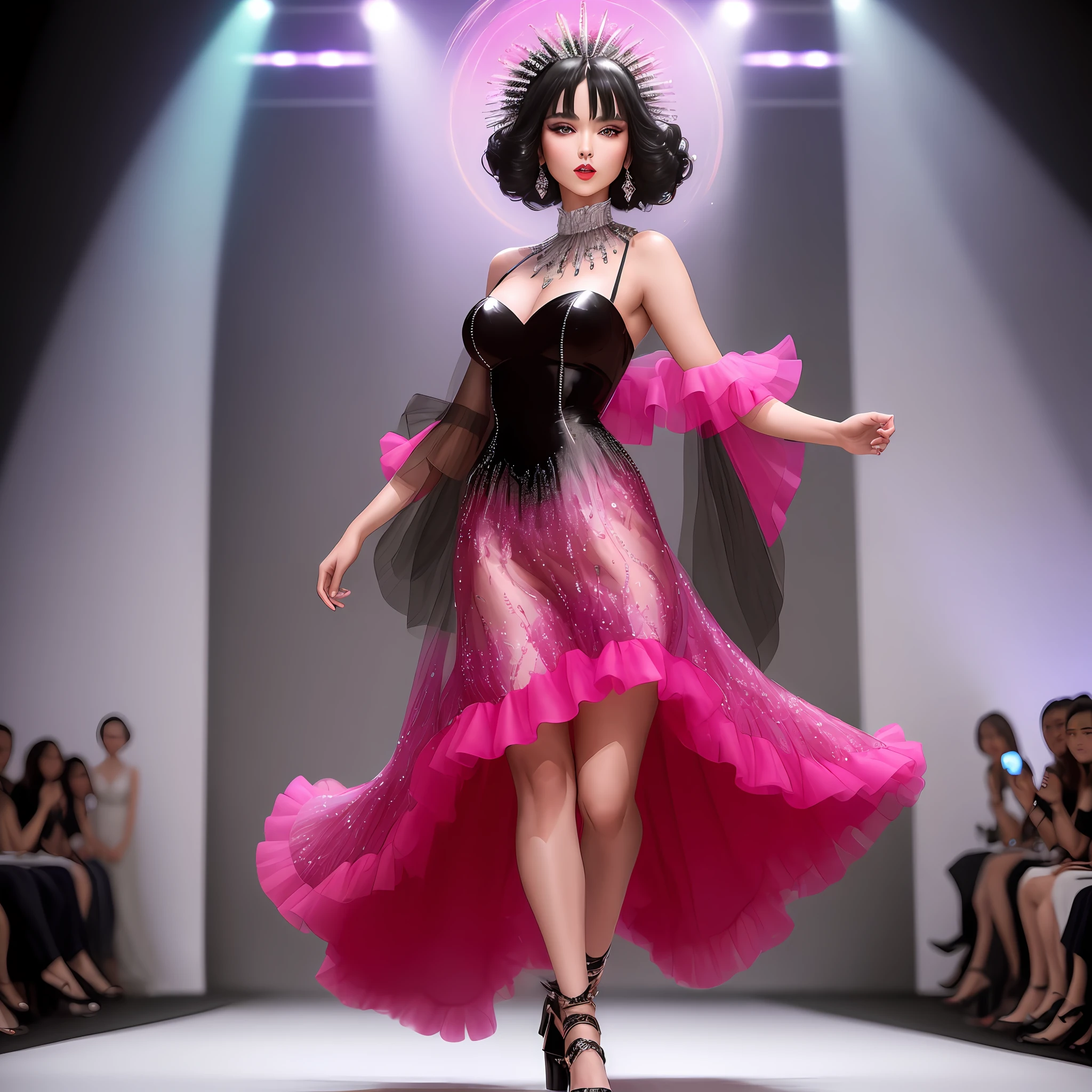 (((Masterpiece)))), the best quality, a dazzling fashion show in which a model glides majestically down the runway in a neon dress with magnificent colors, handmade and she has black hair and is white, is majestically walking the runway