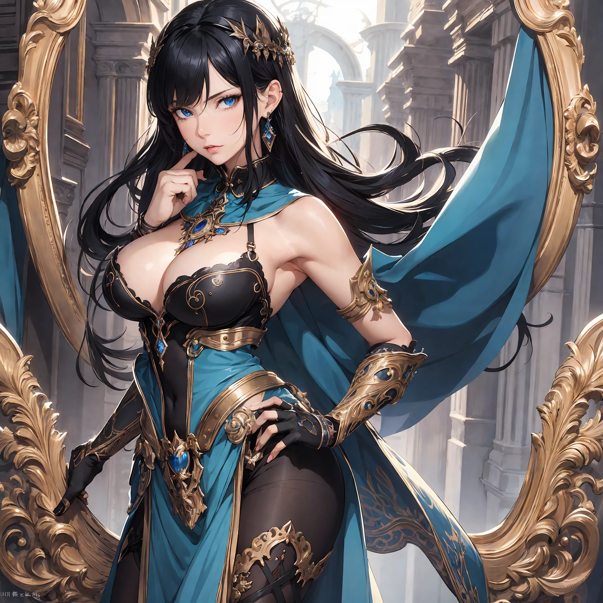 masterpiece, best quality, 1woman, adult, older MILF, female focus, solo, black hair, long hair with fringe, vibrant blue eyes, looking at viewer, cape, High quality metal texture, closed mouth, bangs, jewelry, earring, high collar,(kbxll:0.6), Fantasy aesthetics, Highly detailed, shadowverse style