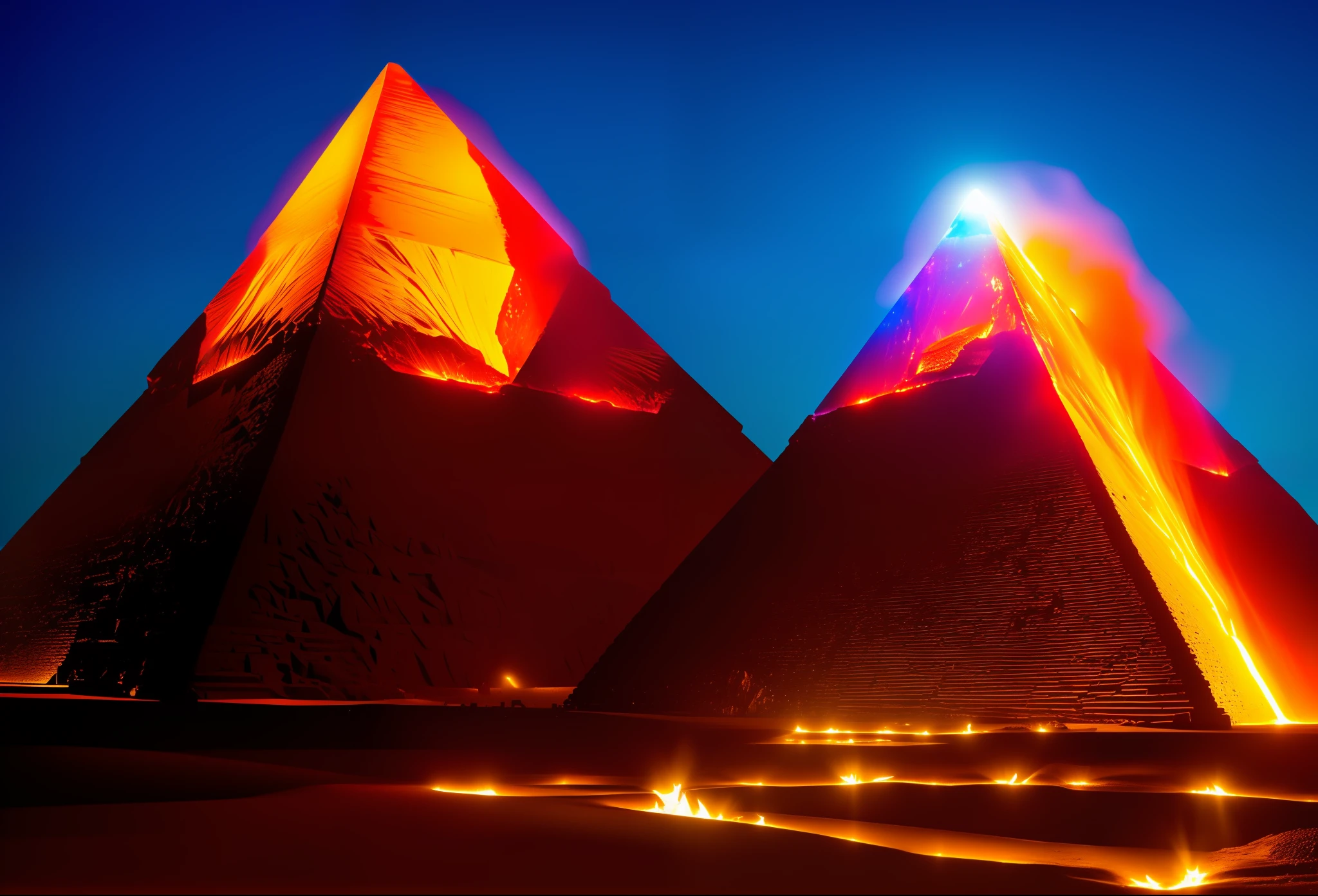 An ultra-detailed Egyptian pyramid with a glowing gummy crystal atop, spewing molten lava from its depths.