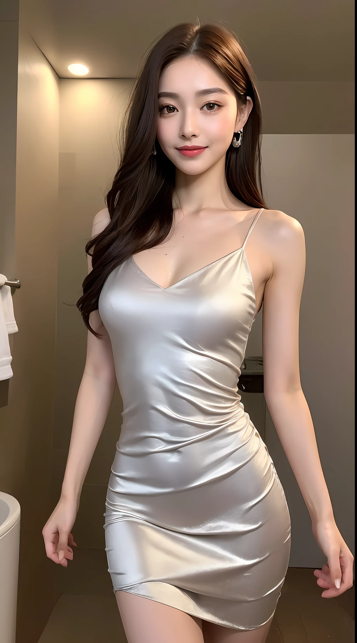 ((Night, Realistic Light, Best Quality, 8K, Masterpiece: 1.3)), 1girl, Slim Beauty: 1.4, Abs: 1.1, (Brown hair, Mid breasts: 1.3), Silver silk dress: 1.2, bathroom, super fine face, delicate eyes, double eyelids, smile,
