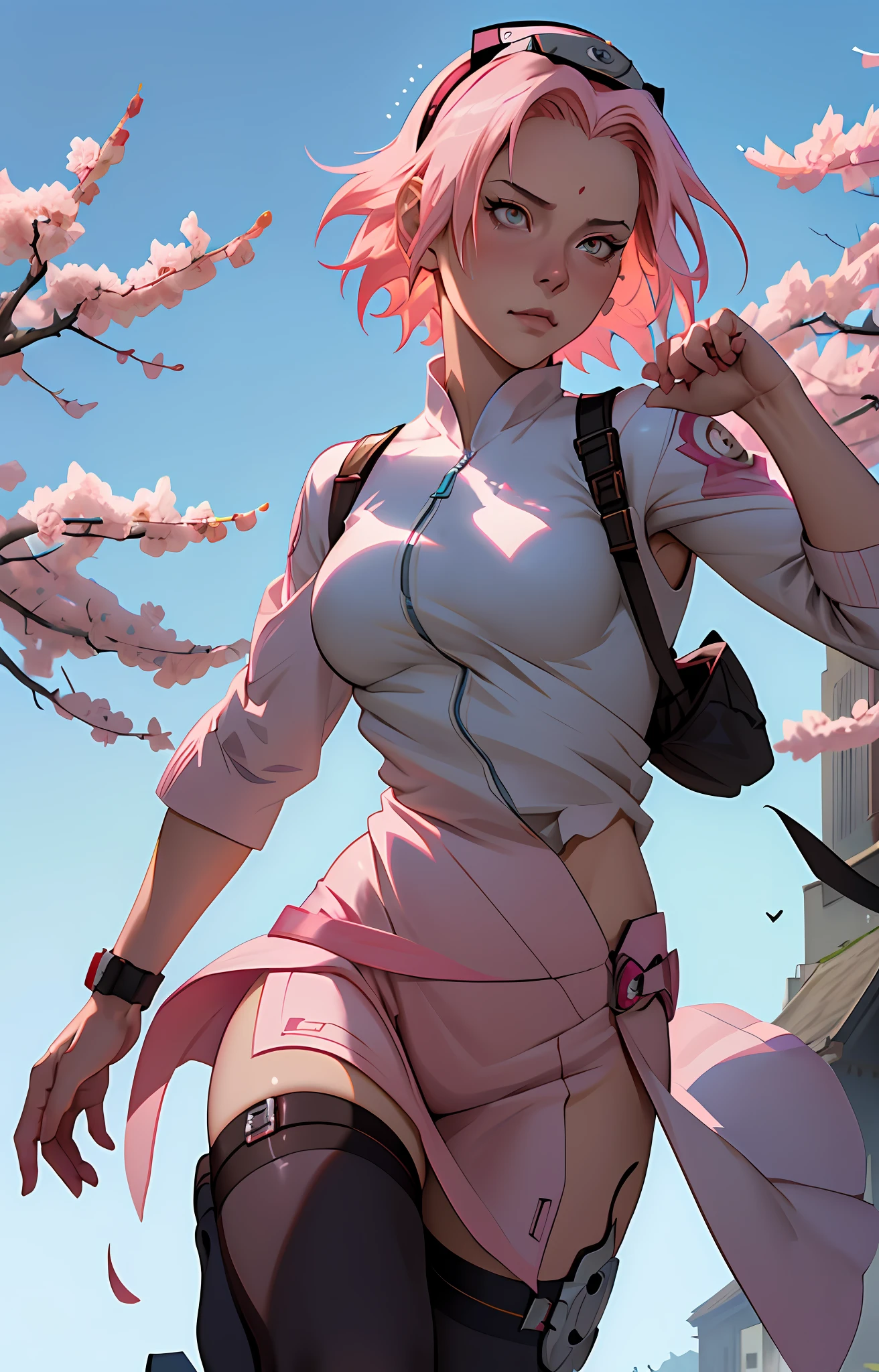Sakura haruno, seductive, ((forehead to show)), attractive, sexy eyes, white coat, hokague hat, ((sakura Hokague)), pink hair, delicate, young, short hair, detailed face, high definition, full body, from League of Legends, trend in artstation, by rhads, andreas rocha, rossdraws, makoto shinkai, laurie greasley, lois van baarle, ilya kuvshinov and greg rutkowski