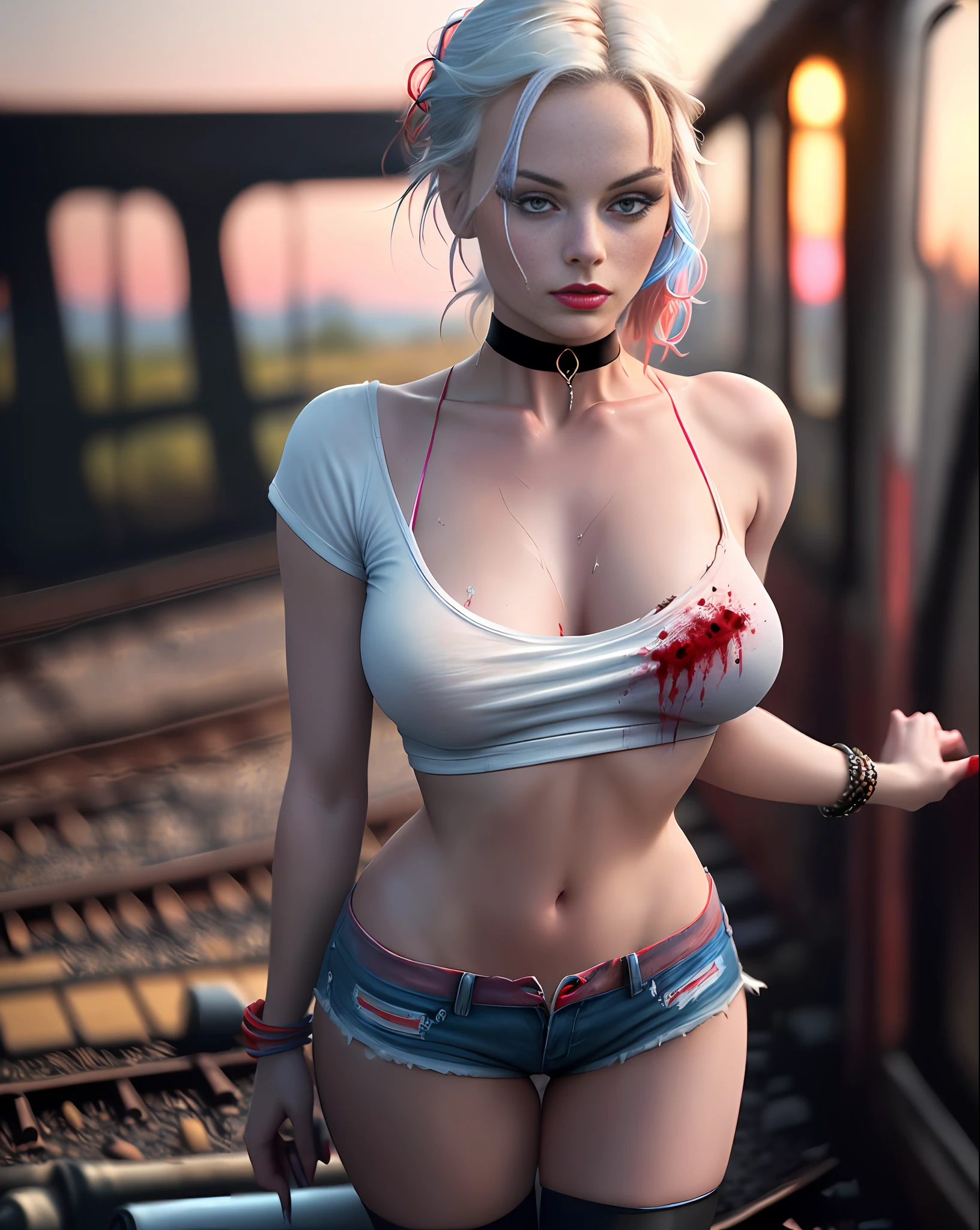 MARGOT ROBBIE, big pointed breasts, lipstick and makeup blurred, body well sweated, blood, white hair tied and divided into blue and pink, white T-shirt with red (T-shirt given a knot), very short red and blue shorts, black bracelet, black choker, boot, train track, abandoned train, abandoned cars, deserted road, sunset, (photo with better quality, a masterpiece, sensual, ultra detailed, ultra realistic, depth of field, HD, 85mm lens, intricate elegant, detailed), dramatic effect, portrait style