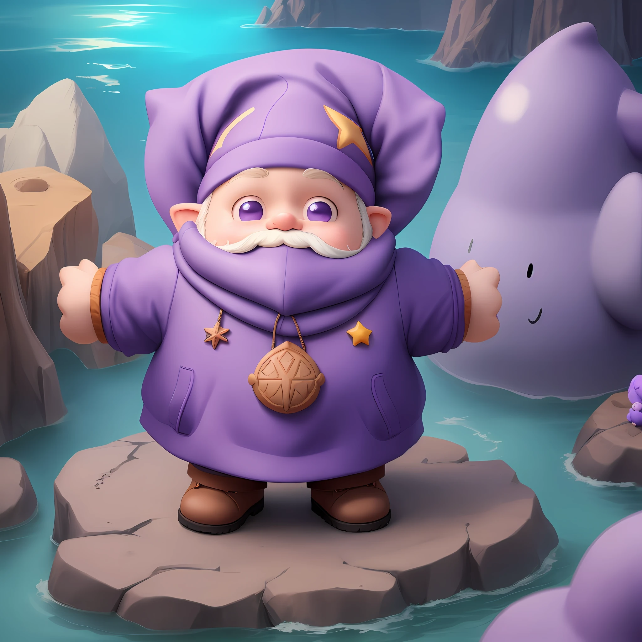 Cute gnome, cartoon, with a hat, the gnome in purple color, and that has symbols of the sea