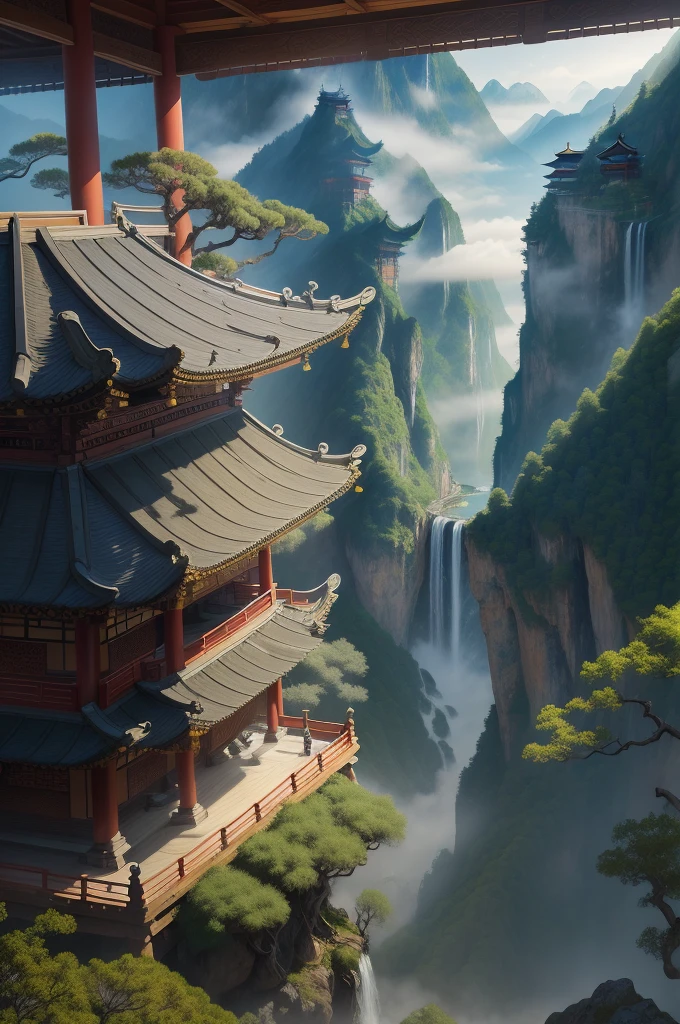 Masterpiece, best quality, Chinese martial arts style, Asian scene, Asian waterfall, pavilion on a high mountain, wide sky, continuous mountains and steep cliffs, ink style, contour light, atmospheric atmosphere, depth of field, mist rising, bamboo, pine tree, octagonal stone pavilion, waterfall flowing water, light color,