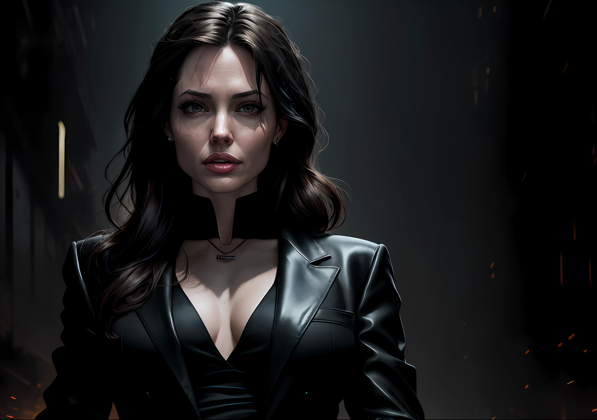 Angelina Jolie is standing, her mouth sewn together, showing off her entire body dressed in a suit and tie. The photo is dark, has an epic and realistic atmosphere. It's a distant portrait where she wears sunglasses, has blue eyes and black hair in the style of Atey Ghailan. The artworkThe image features a yellow gradient, with a predominant color scheme of black, brown, and magenta, providing a grunge aesthetic. The background depicts a war wall. The lighting is soft, with a cinematic light, processed in Adobe Lightroom and in a photo lab, using techniques such as HDR to achieve a highly detailed and intricate result. The colors are faded, with neutral and soft tones, and the image has a hyper-detailed style. The overall aesthetic is cinematic, with warm, dramatic lights emphasizing the intricate details. The background is complex, created by Greg Rutkowski, with a predominance of blue and orange.