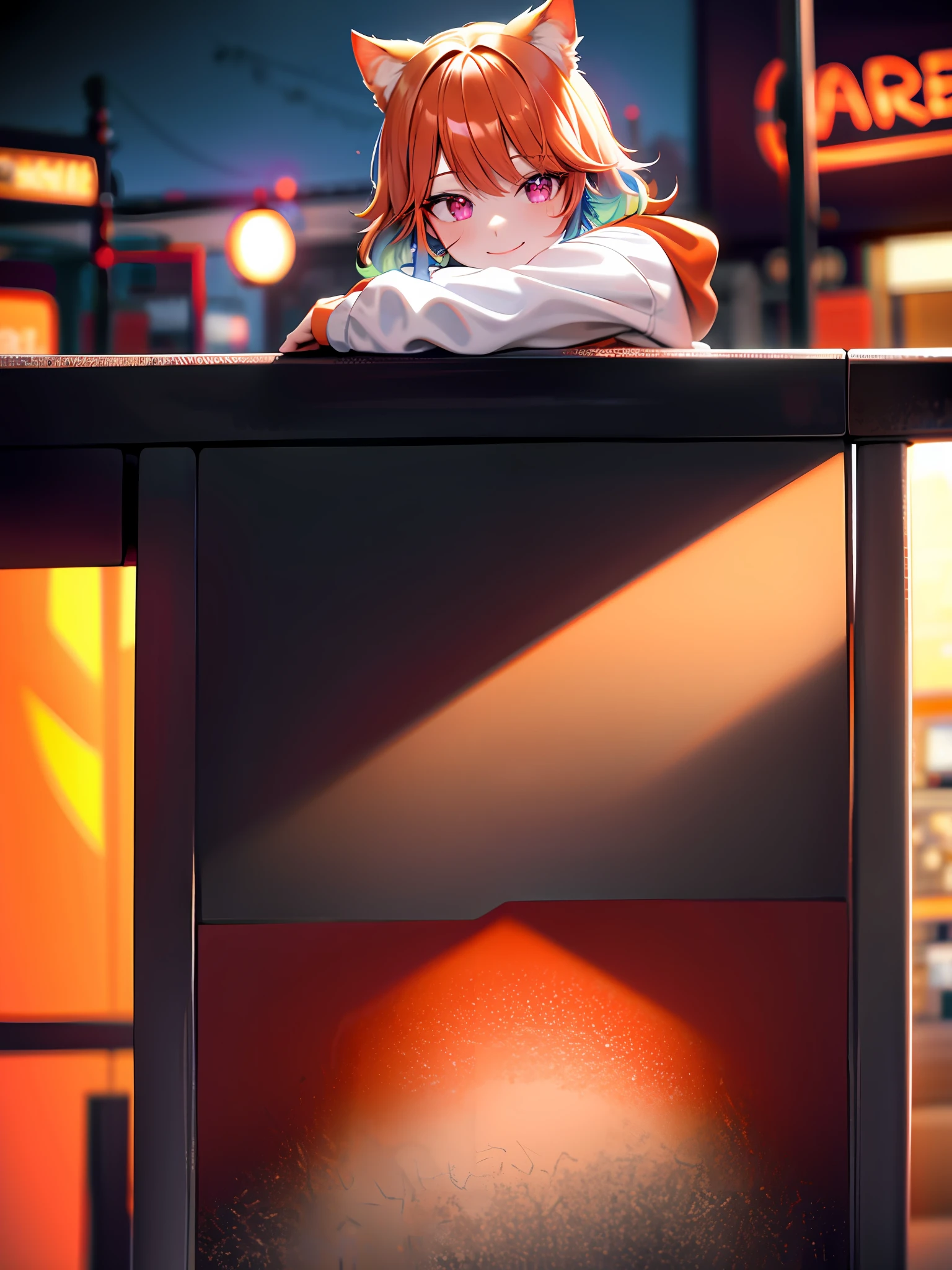 detailed background, masterpiece, best quality, smile, takanashi kiara, gradient hair, orange hair, hoodie, , neon, graffiti, dark, night, glowing eyes,