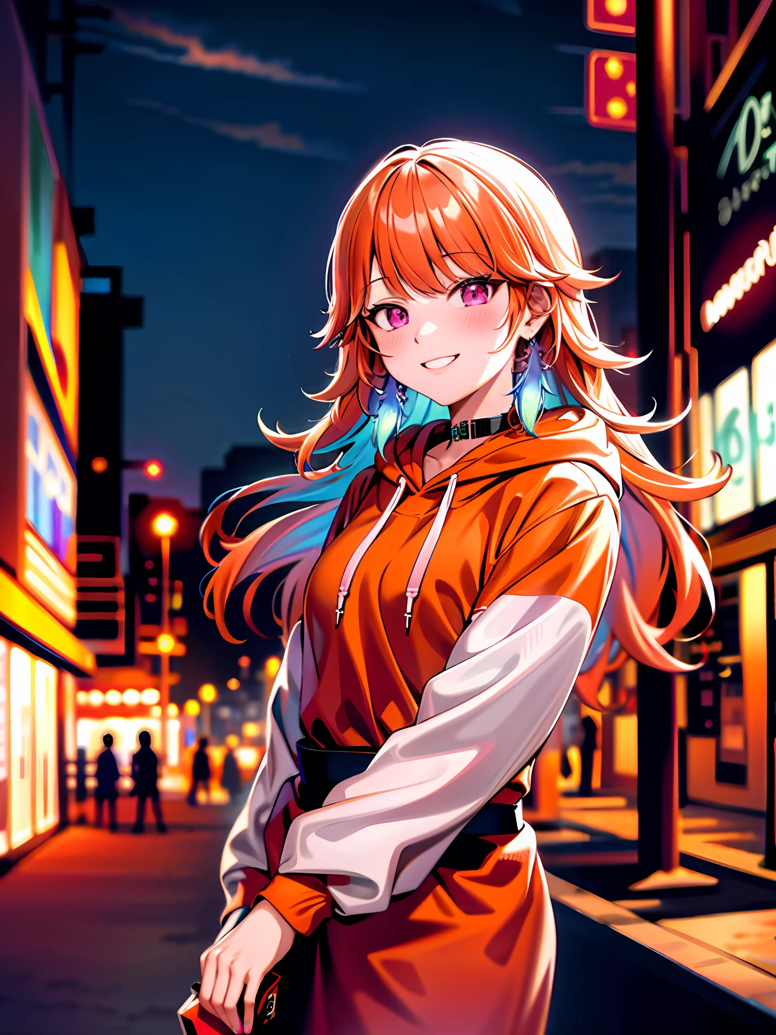 detailed background, masterpiece, best quality, smile, takanashi kiara, gradient hair, orange hair, hoodie, , neon, graffiti, dark, night, glowing eyes,