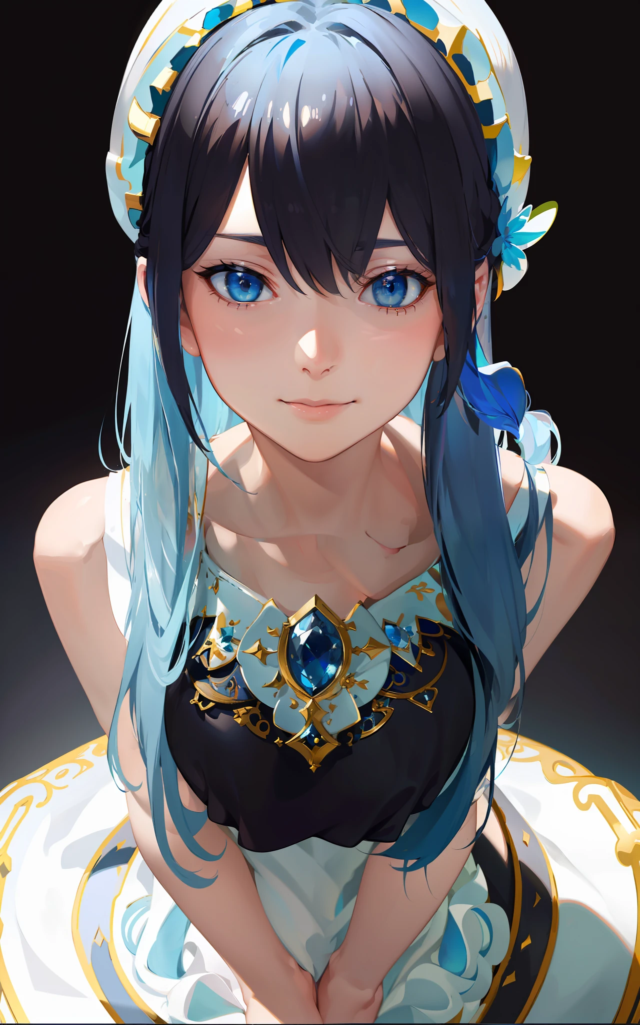 (Masterpiece, Elaborate Beautiful Eyes: 1.2), (Light Blue Hair: 1.2), (Zephyr's Eye Color: 1.1), Long Hair, Straight Hair, (Black Tank Top: 1.2), Realistic Lighting, Beautiful Lighting, Ray Tracing, Photorealistic, (Hyperrealistic: 1.2), High Resolution, 4K, 8K, (Highly Detailed CG, 8K Wallpaper: 1.1), Very elaborate and sharp digital illustrations, detail, realism, beautiful faces, very elaborate faces, ultra-realistic, masterpieces, detailed eyes, super detail, volume lighting, realistic shadows, intricate details, details, cheerful, smile, (white hat: 1.2)), silver necklace, high heels, (On the Beach: 1.2),