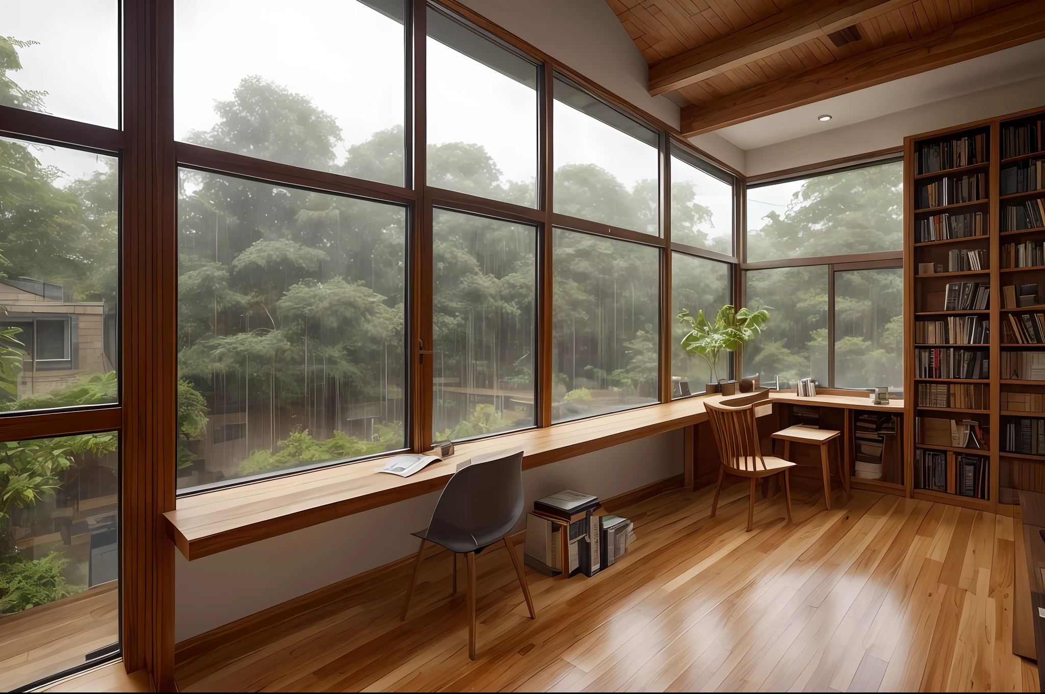 A cozy study space for book lovers with a view of the rain through the window, featuring a wooden table strewn with books to help with studying.