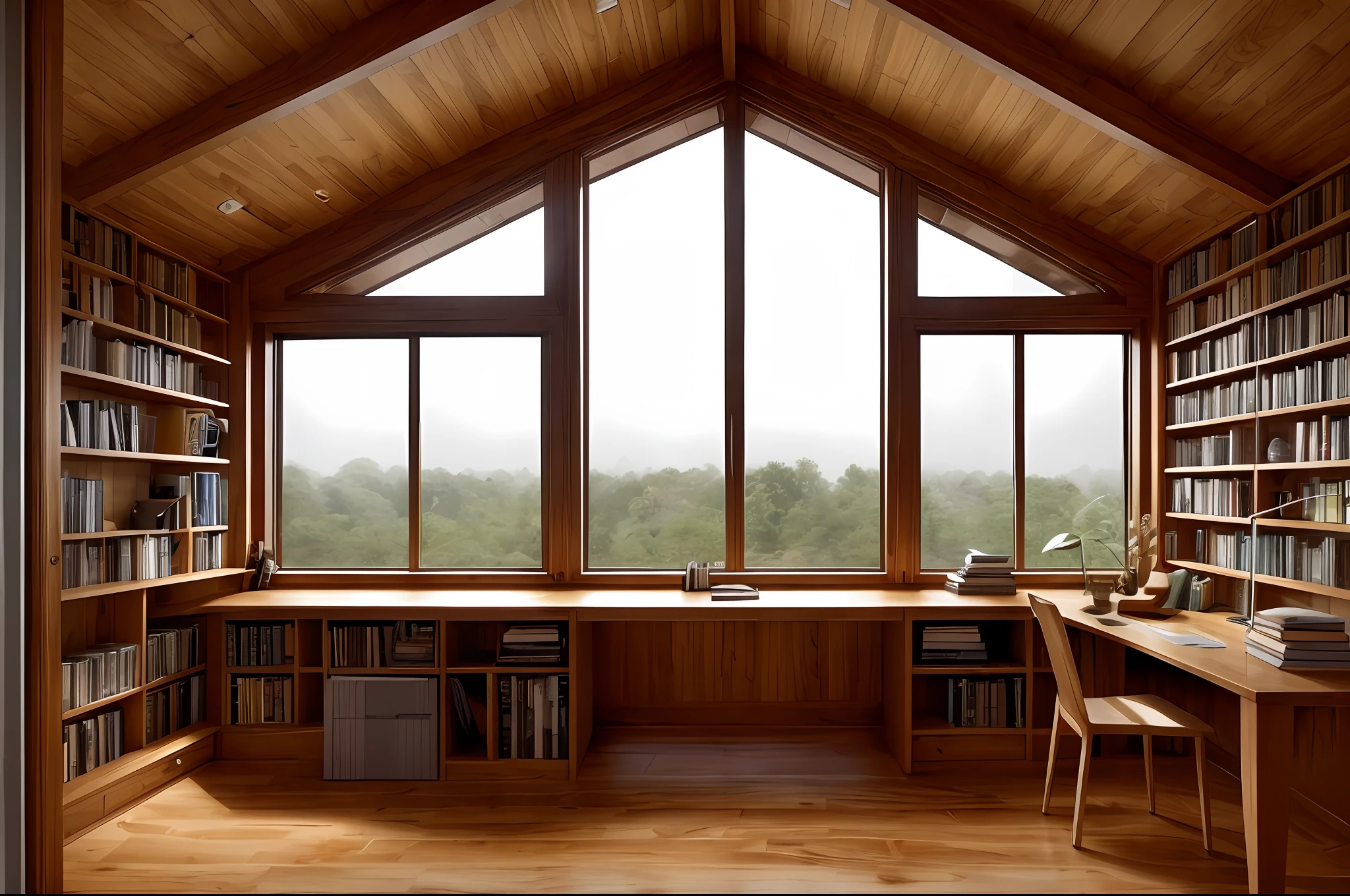 A cozy study space for book lovers with a view of the rain through the window, featuring a wooden table strewn with books to help with studying.
