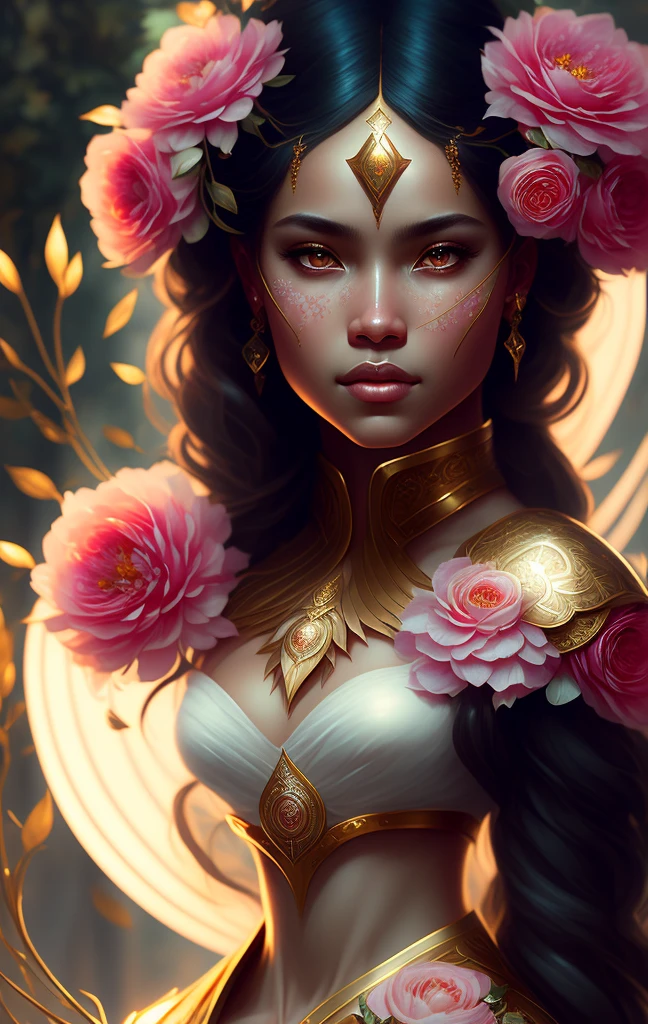 (symmetry: 1.1) (floral portrait: 1.05) a mulatto woman as a FAIRY OF THE FOREST, (assassins creed style: 0.8), pink and gold and opal color scheme, beautiful and intricate filegrid face painting, intricate, elegant, highly detailed, digital painting, art station, concept art, smooth, sharp focus, illustration, art by Greg Rutkowski and Alphonse Mucha, 8K