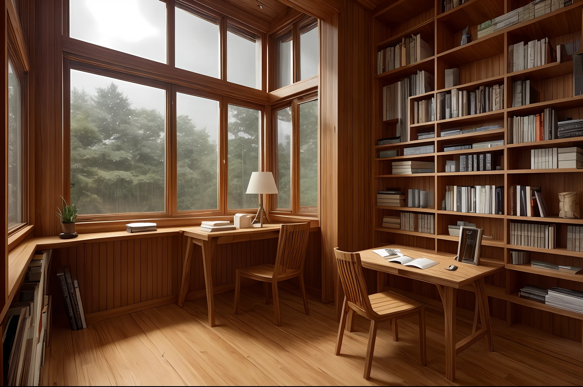 A cozy study space for book lovers with a view of the rain through the window, featuring a wooden table strewn with books to help with studying.