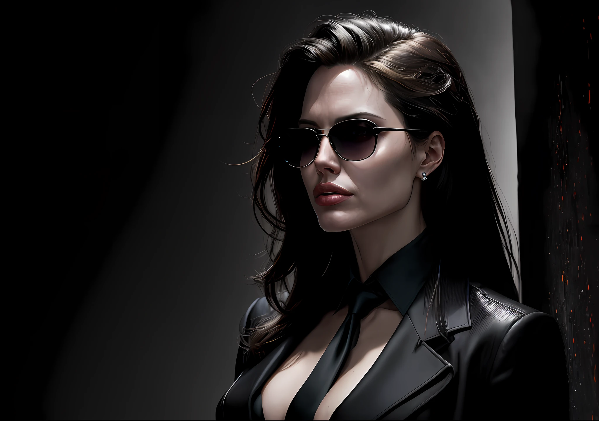 Angelina Jolie is standing, her mouth sewn together, showing off her entire body dressed in a suit and tie. The photo is dark, has an epic and realistic atmosphere. It's a distant portrait where she wears sunglasses, has blue eyes and black hair in the style of Atey Ghailan. The artworkThe image features a yellow gradient, with a predominant color scheme of black, brown, and magenta, providing a grunge aesthetic. The background depicts a war wall. The lighting is soft, with a cinematic light, processed in Adobe Lightroom and in a photo lab, using techniques such as HDR to achieve a highly detailed and intricate result. The colors are faded, with neutral and soft tones, and the image has a hyper-detailed style. The overall aesthetic is cinematic, with warm, dramatic lights emphasizing the intricate details. The background is complex, created by Greg Rutkowski, with a predominance of blue and orange.