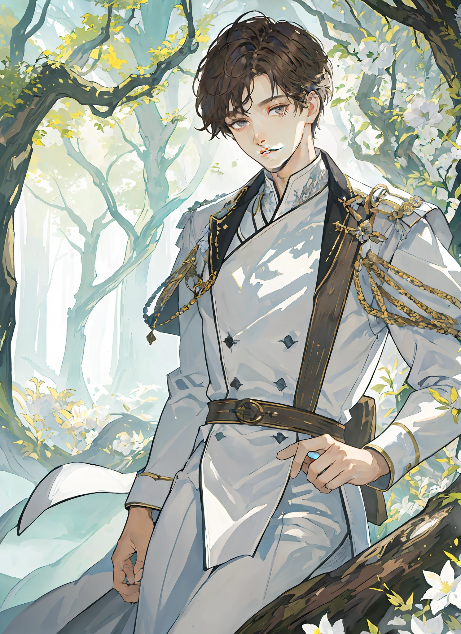 ((masterpiece: 1.2, best quality)), 1 man, short brown hair, gray eyes (handsome: 1.4), white clothes, fantasy, royalty, forest, blooming flowers, sunlight, fantastic light and shadow , landscape, extremely detailed face, portrait, smile