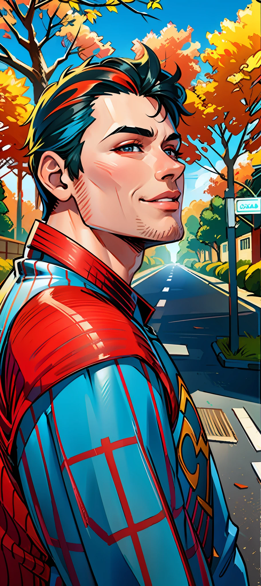 (masterpiece),(best quality:1.0), (ultra highres:1.0), detailed illustration, 8k, anime, 1boy, anime boy, smiling, wearing a shirt, superhero theme, detailed face, perfect face, anime eyes, detailed eyes, dark red eyes, detailed hair, highlights in hair, highly detailed, anime style, vibrant, colored, colourful photo