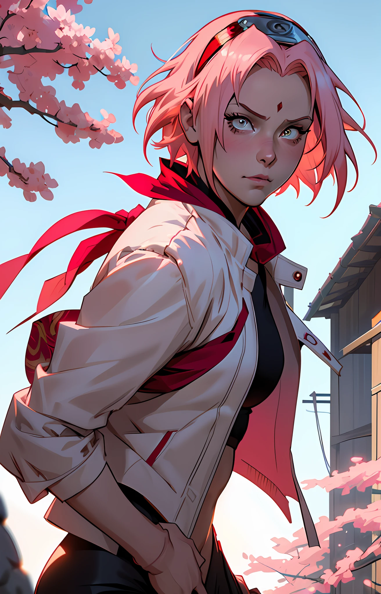 Sakura Haruno, seductive, ((forehead to show)), attractive, sexy eyes, white overcoat, red bandana, red blouse, pink hair, delicate, young, short hair, detailed face, brave, in a village, high definition, full body, from League of Legends, trend in artstation, by rhads, andreas rocha, rossdraws, makoto shinkai, laurie greasley, lois van baarle, ilya kuvshinov and greg rutkowski