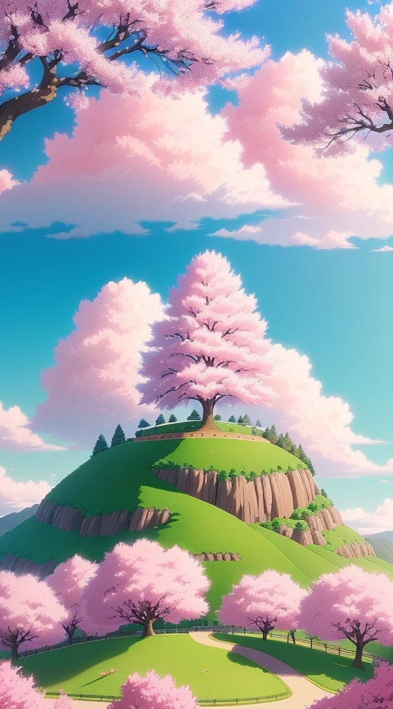 Masterpiece, draw a tree with pink flowers on the grassy mountain, anime nature, fluffy pink anime cloud, anime scene, marshmallow tree, cherry blossom tree, beautiful fluffy cloud. anime, anime background, colorful anime movie background, lush cherry blossoms, Studio Ghibli scenery, color block painting