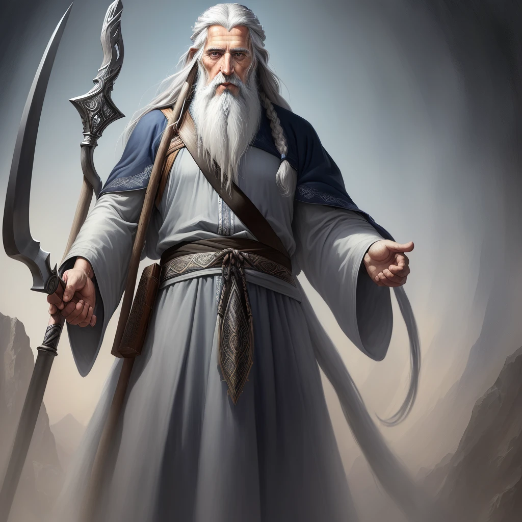 A beautiful ultra-thin realistic portrait of the prophet Elisha the prophet, an old Hebrew, long gray hair, long gray beard, wearing black and blue striped tunic, holding a staff, in front view, full body, biblical, realistic, intricate details, digital art, style, watercolor