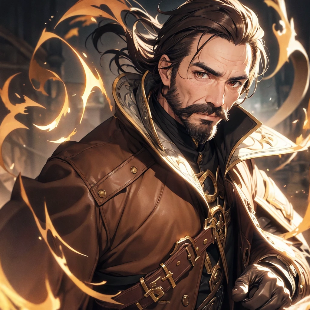 masterpiece, best quality, 1man, old male,  facial hair, male focus, solo, vibrant brown eyes, gloves, looking at viewer, cape, coat, closed mouth, upper body, Fantasy aesthetics, Highly detailed, shadowverse style