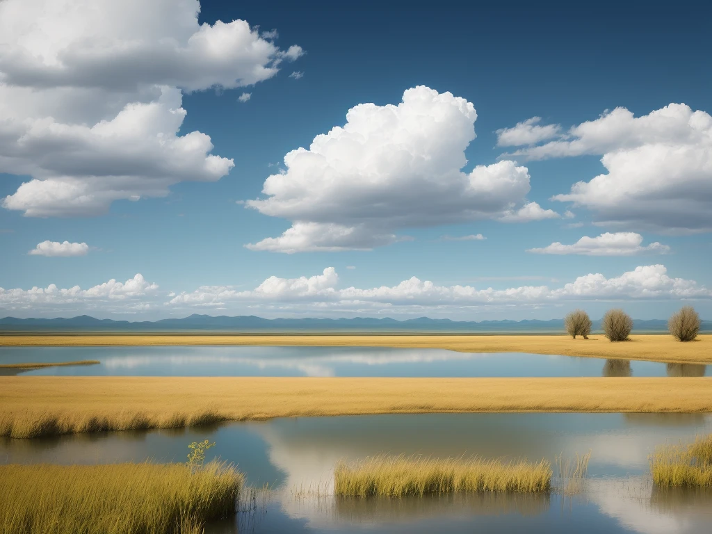 Cloudy sky, noon, steppe, lake with clear water, lonely tree