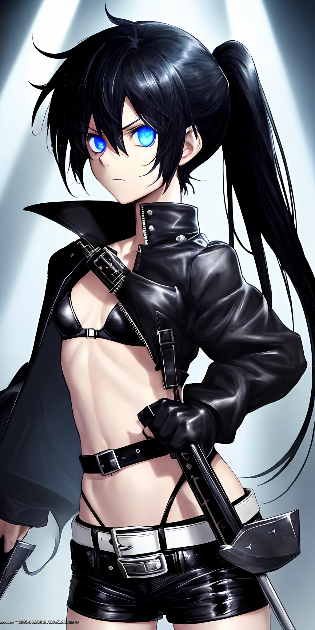Characters black rock shooter, (8k, RAW photo, best quality, master:1.2), (photorealistic: 1.3), ((small breasts, tomboy girl, small head)), 1 black double ponytail girl with double ponytail left long and right short, two blue eyes with blue flames coming out of the left eye, wearing a black leather triangle bra, Black leather shorts tied with a white belt in which the belt buckle is silver larger, wearing a leather black cape with a white five-pointed star on his left chest, holding a black iron knife in his right hand, holding a black iron long-barreled cannon in his left hand, opening his thighs, one leg up, from the angle below, natural light, face light, movie lighting,
