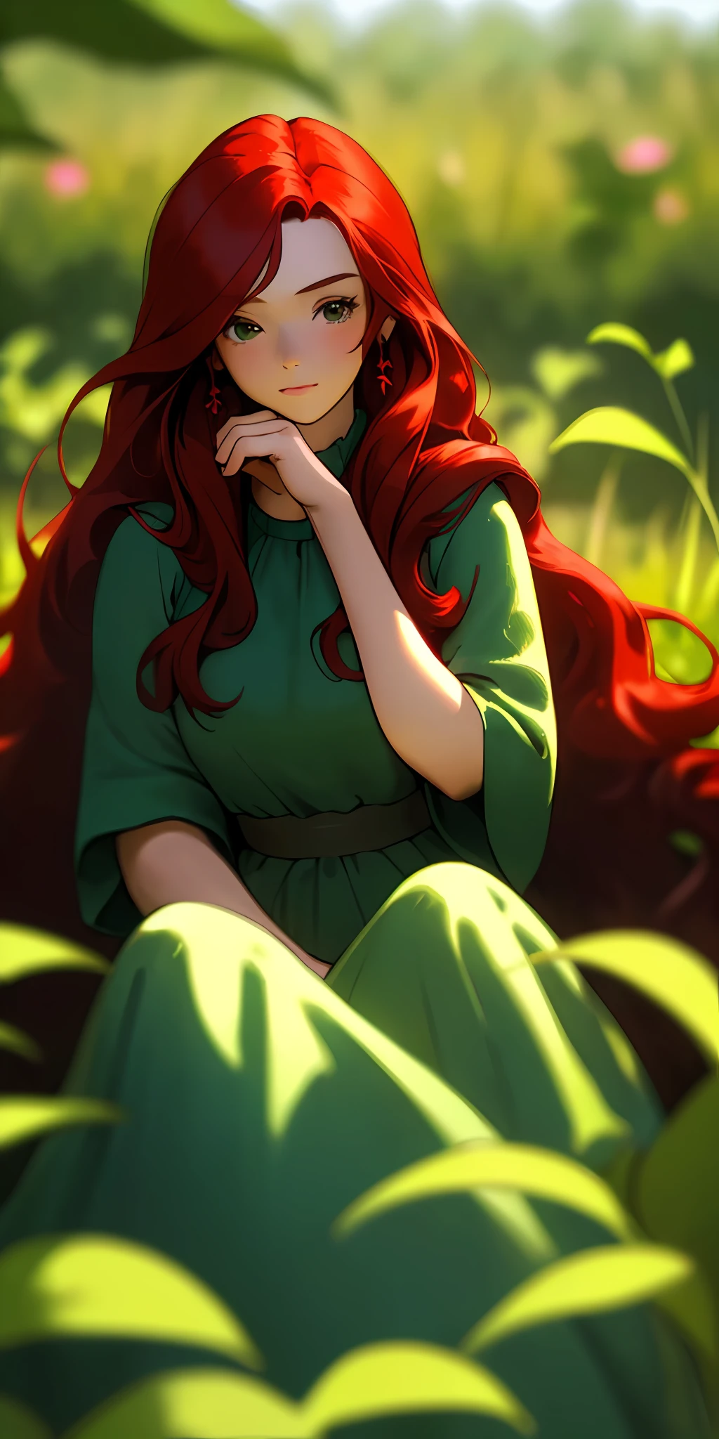(masterpiece, best quality),1girl with long red hair sitting in a field of green plants and flowers, her hand under her chin, warm lighting, teal dress, blurry foreground, ultra narrow depth of field