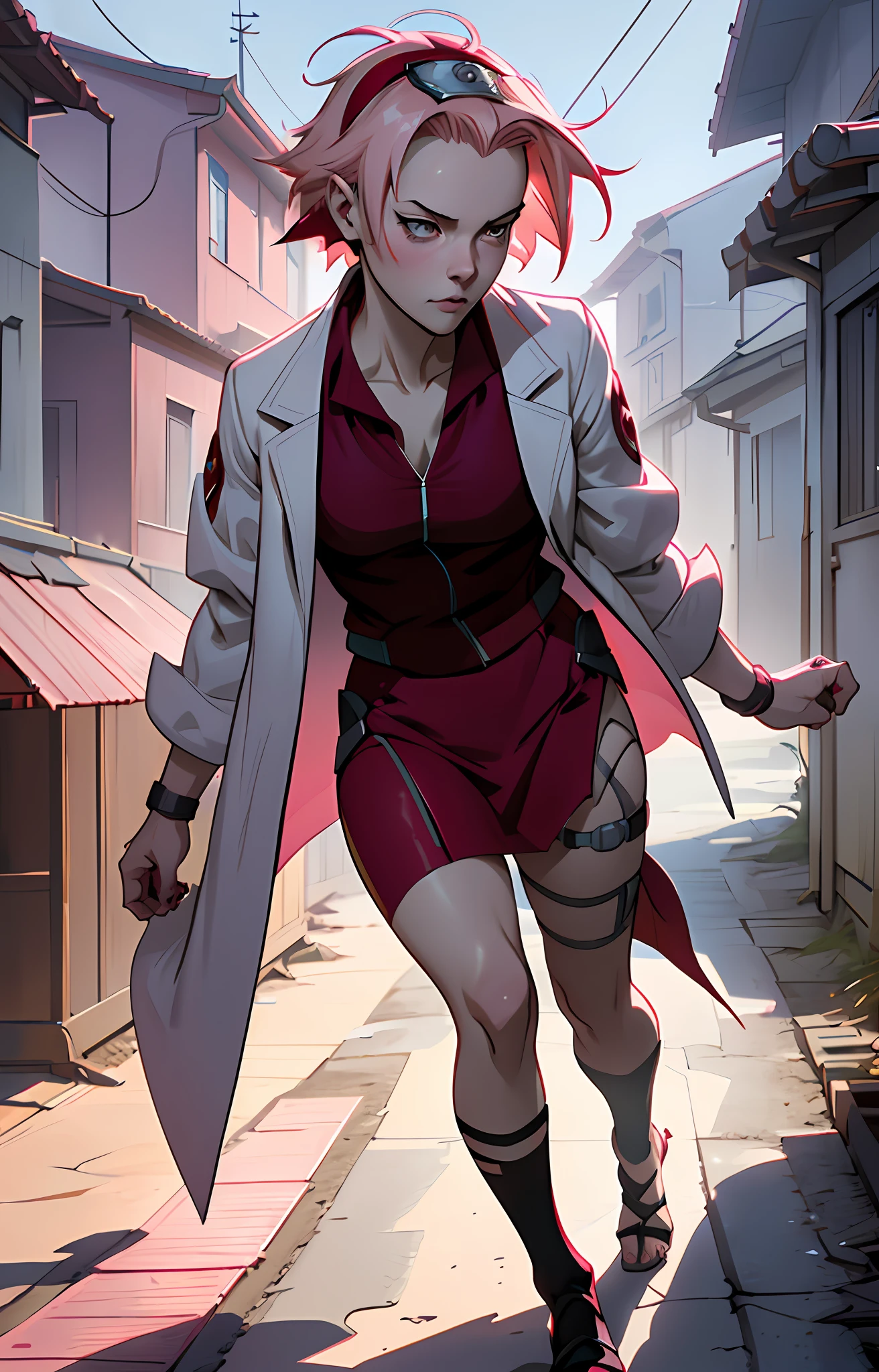 Sakura haruno, seductive, ((forehead the show)), attractive, thin, white overcoat, red bandana, red blouse, pink hair, delicate, young, short hair, detailed face, in a village, high definition, full body, from League of Legends, trend in artstation, by rhads, andreas rocha, rossdraws, makoto shinkai, laurie greasley, lois van baarle, ilya kuvshinov and greg rutkowski