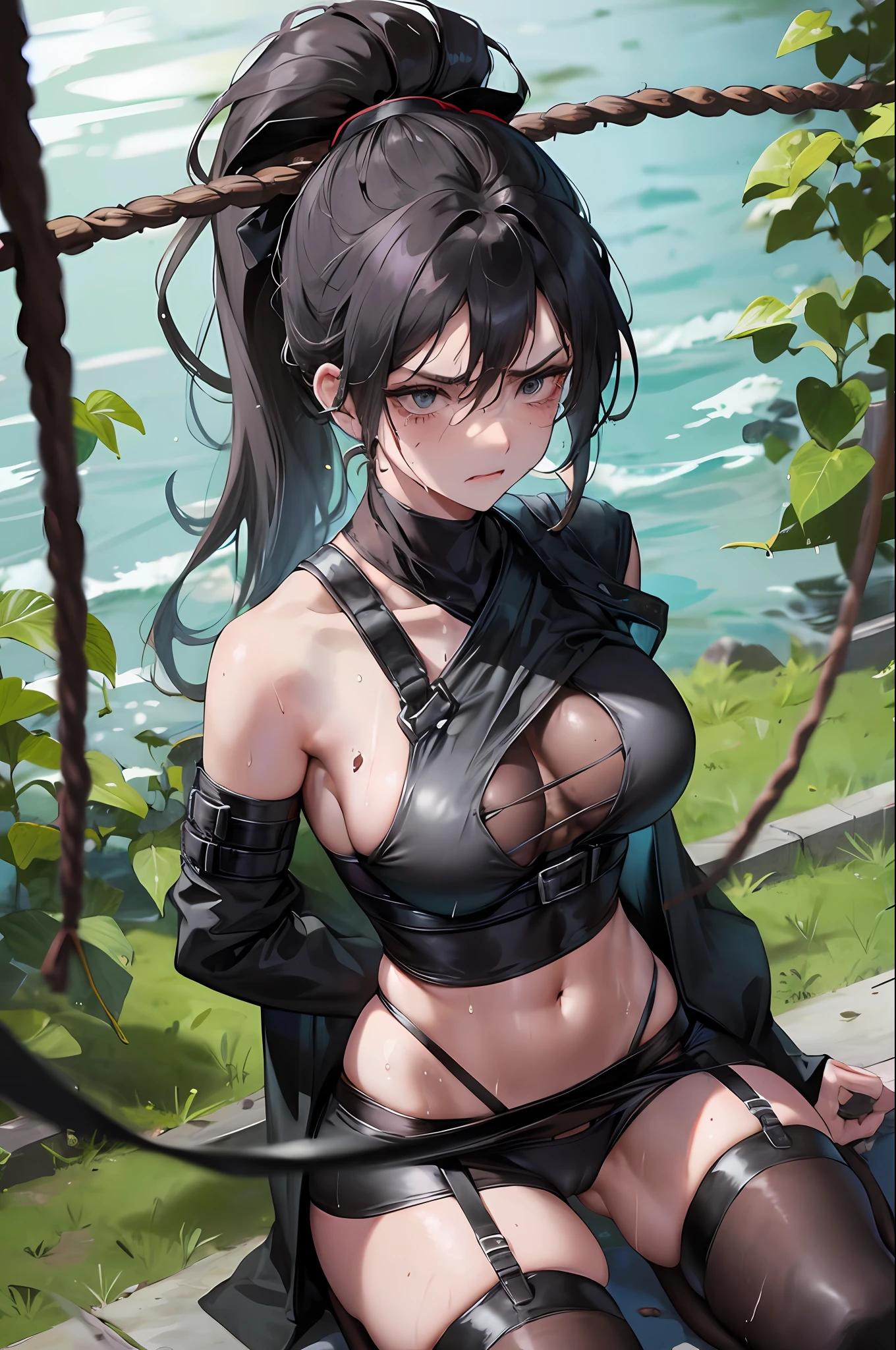 Prisoner of warnin: ninja ponytail, black mask, big breast, rag cloth, chest restraint, anger, squint, rope, wet crotch, wet thighs, teary eyes, shy