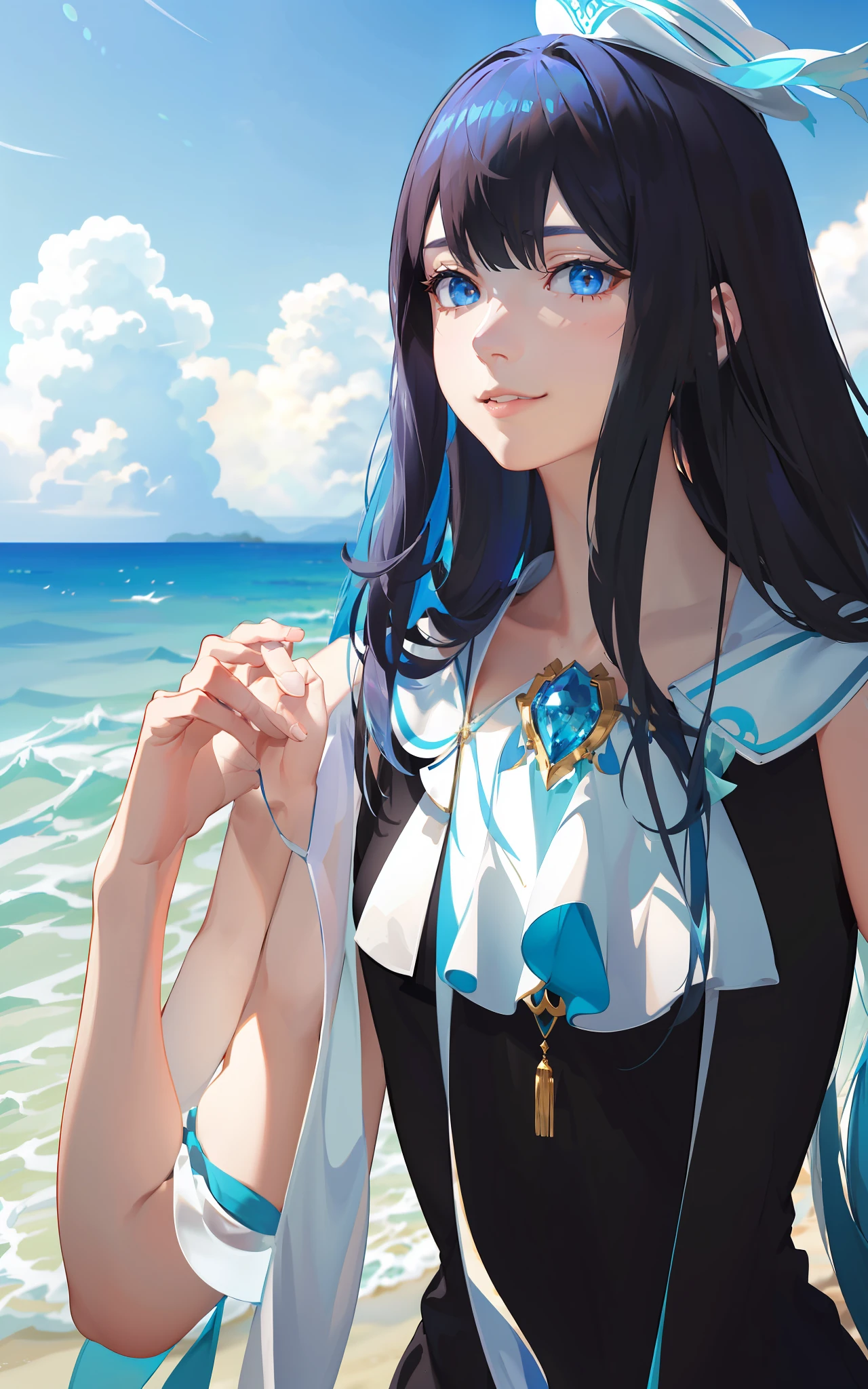 (Masterpiece, Elaborate Beautiful Eyes: 1.2), (Light Blue Hair: 1.2), (Zephyr's Eye Color: 1.1), Long Hair, Straight Hair, (Black Tank Top: 1.2), Realistic Lighting, Beautiful Lighting, Ray Tracing, Photorealistic, (Hyperrealistic: 1.2), High Resolution, 4K, 8K, (Highly Detailed CG, 8K Wallpaper: 1.1), Very elaborate and sharp digital illustrations, detail, realism, beautiful faces, very elaborate faces, ultra-realistic, masterpieces, detailed eyes, super detail, volume lighting, realistic shadows, intricate details, details, cheerful, smile, (white hat: 1.2)), silver necklace, high heels, (On the Beach: 1.2),