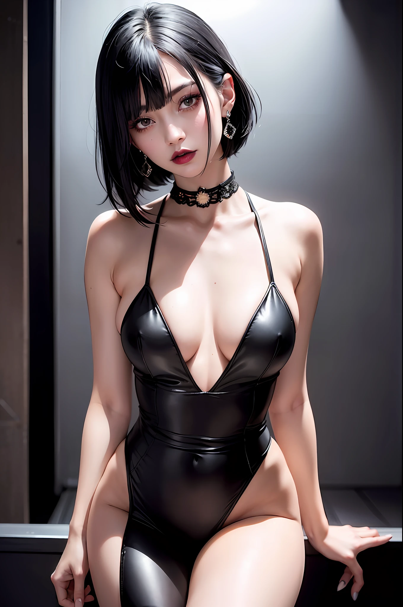 Black Hair Bob, (RAW Photography, Photorealism), (Very dark lipgloss, pitch black lipstick, so many eyelashes, Pure black eyeshadow, Top Quality, Ultra High Resolution, Depth of Field, Chromatic Aberration, Natural Color, Caustics, Japan, Women, 30s), Micro Bikini, Choker, Necklace, One Woman, Earrings, Bracelet, Slender, The tips of the are clearly visible, the whole body, raw legs, body line is very sexy, black pin heels