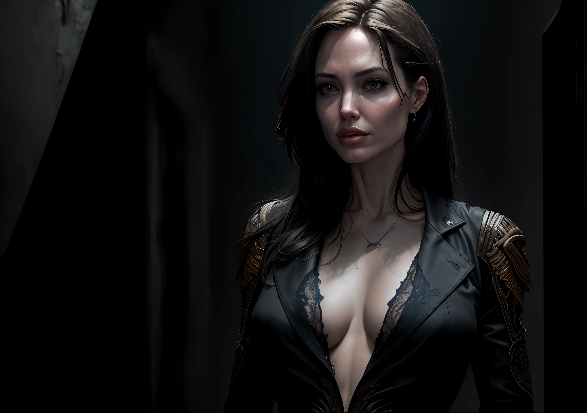 Angelina Jolie is standing, her mouth sewn together, showing off her entire body dressed in a suit. The photo is dark, has an epic and realistic atmosphere. It is a distant portrait where she wears sunglasses, has blue eyes and very short black hair style The artThe image has a yellow gradient, with a predominant color scheme of black, brown and magenta, providing a grunge aesthetic. The background depicts a war wall. The lighting is soft, with a cinematic light, processed in Adobe Lightroom and in a photo lab, using techniques such as HDR to achieve a highly detailed and intricate result. The colors are faded, with neutral and soft tones, and the image has a hyper-detailed style. The overall aesthetic is cinematic, with warm, dramatic lights emphasizing the intricate details. The background is complex, created by Greg Rutkowski, with a predominance of blue and orange.