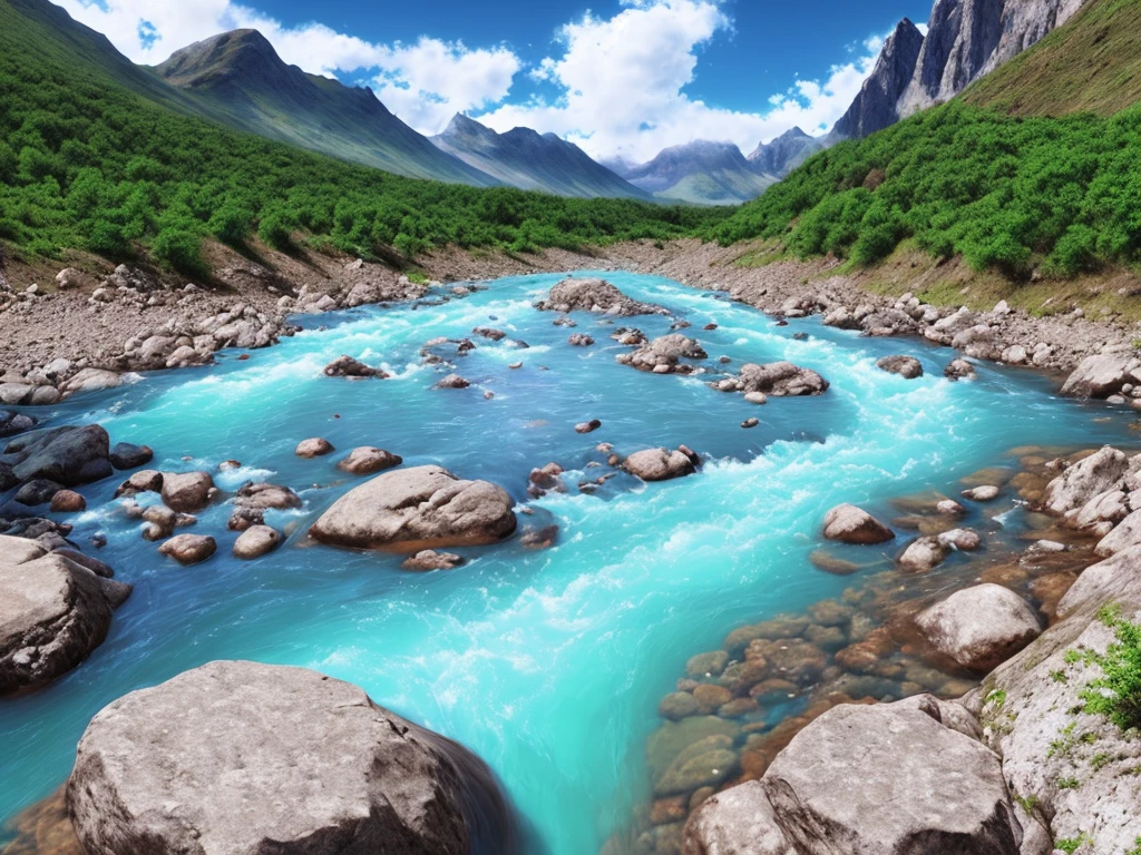 Cloudy sky, noon, mountain river with clear blue water water, 4k, hyperrealism