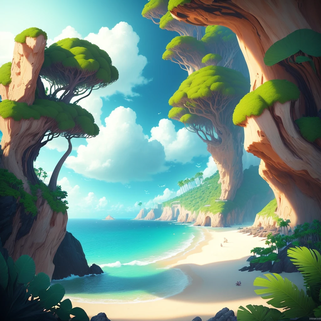 (masterpiece, best quality:1.2), a close up of a beach with a boat and palm trees, epic coves crashing waves plants, lush oasis, lush alien landscape, stylized concept art, beach on the outer rim, on a lush fertile alien planet, videogame still, no man's sky landscape, stylized game art, gameplay still, stylized as a 3d render, planet overgrown