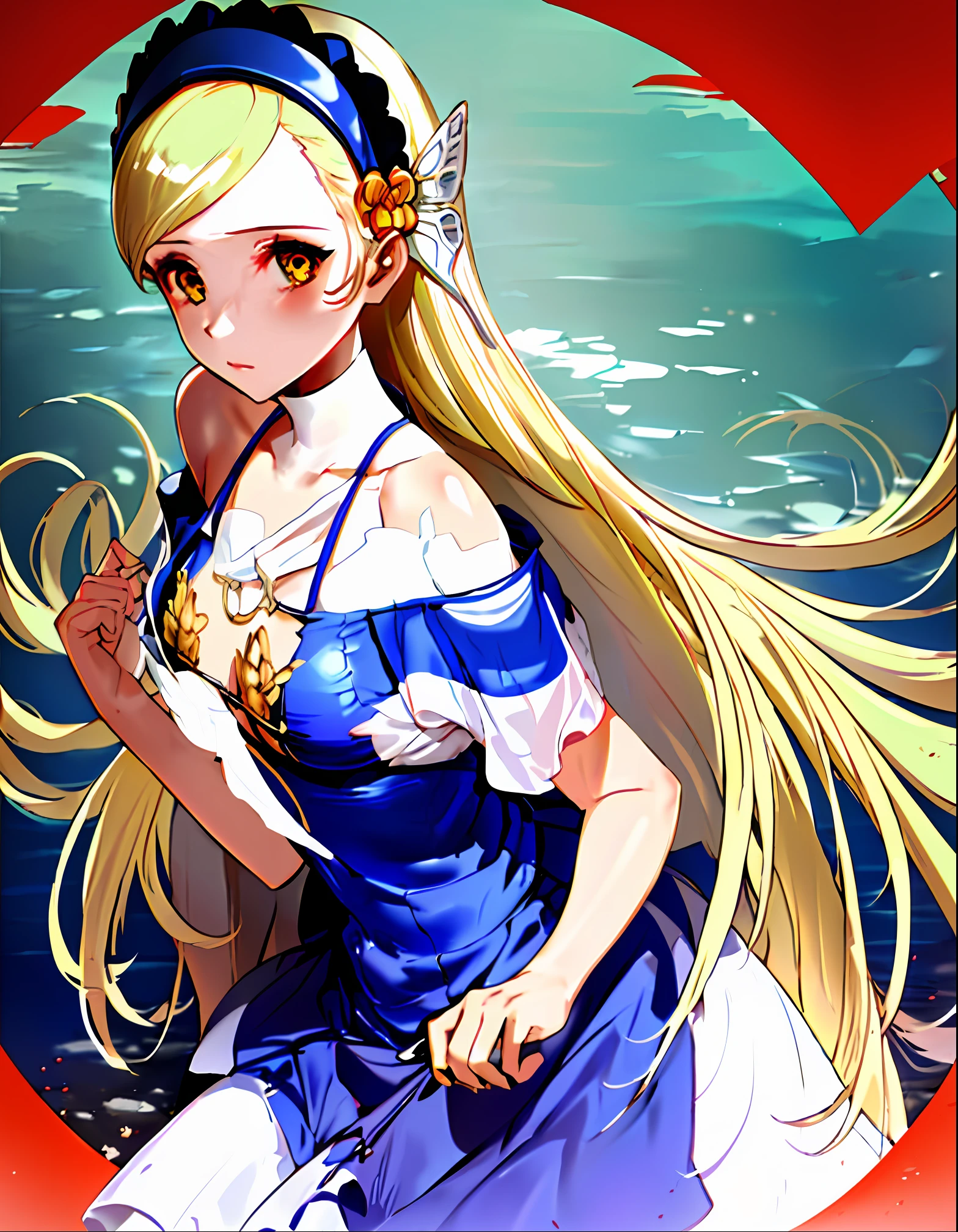 Beautifully detailed illustration of a woman wearing a toned swimsuit showcasing her alluring cleavage, with a delicate and intricate kimono draped stylishly over her shoulders.