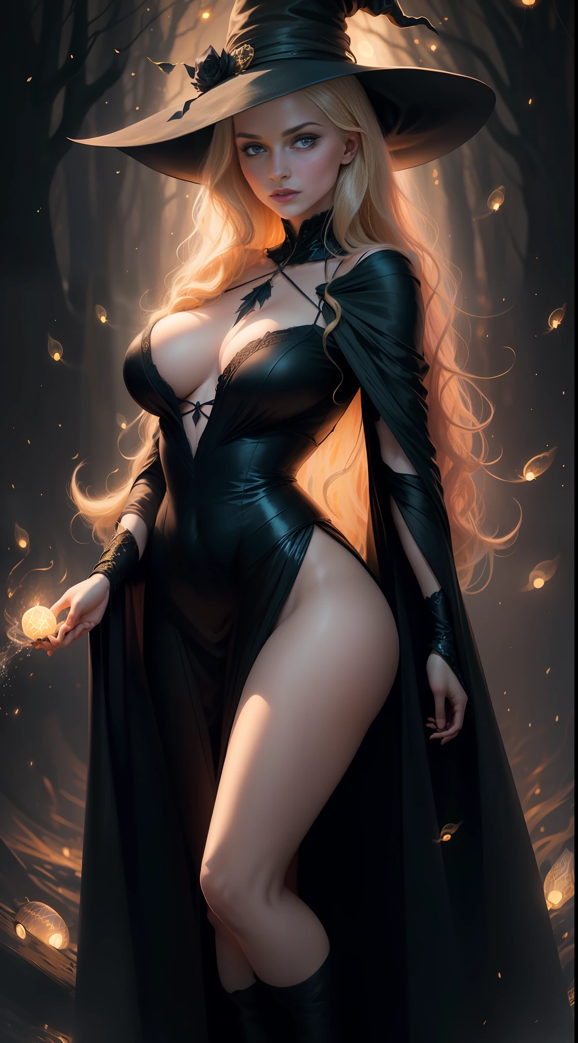 Sensual beautiful woman, 40s, milf, with round face, serious and realistic facial expression, long curly blonde hair, light blue eyes, pale skin, wearing black robe with rich decoration, witch hat, witch, confident expression, big breasts (mysterious magic background, fireflies, glowing particles, ethereal mist, faint darkness), high saturation, film light, rim light, best shadows, 8k uhd