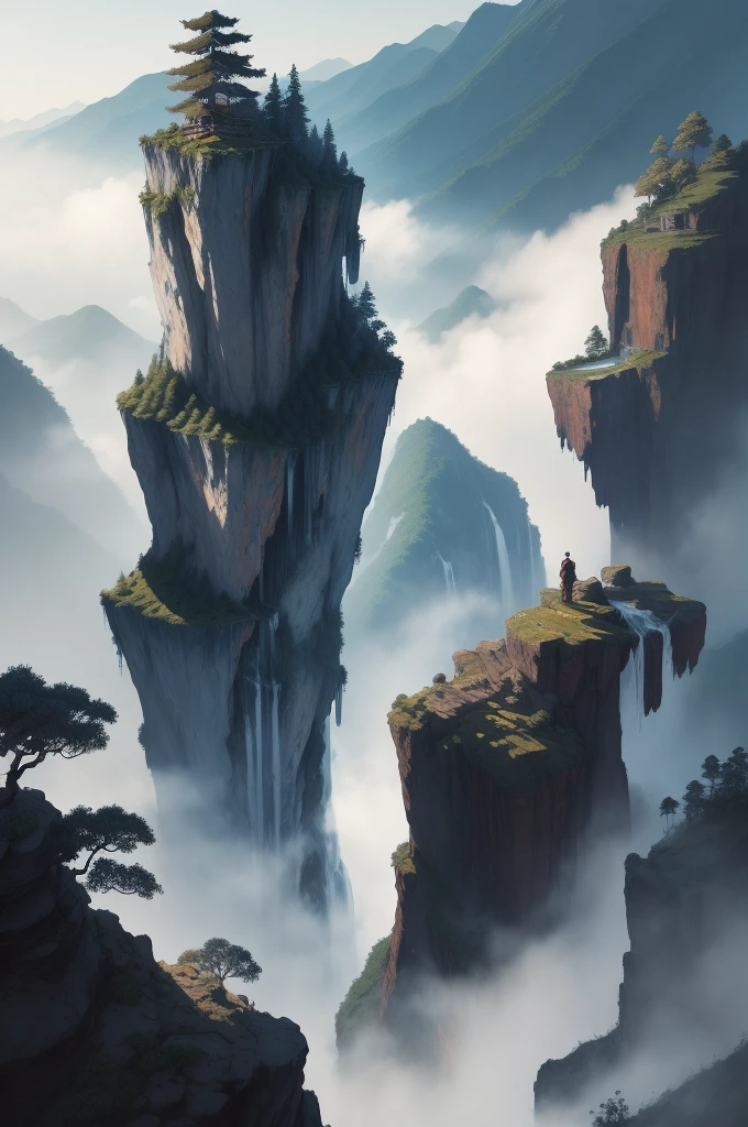 Masterpiece, best quality, Chinese martial arts style, Asian scene, Asian waterfall, ink painting style, wide sky, continuous mountains and steep cliffs, ink style, contour light, atmospheric atmosphere, depth of field, mist rising, bamboo, pine trees, waterfall flowing water, light color,