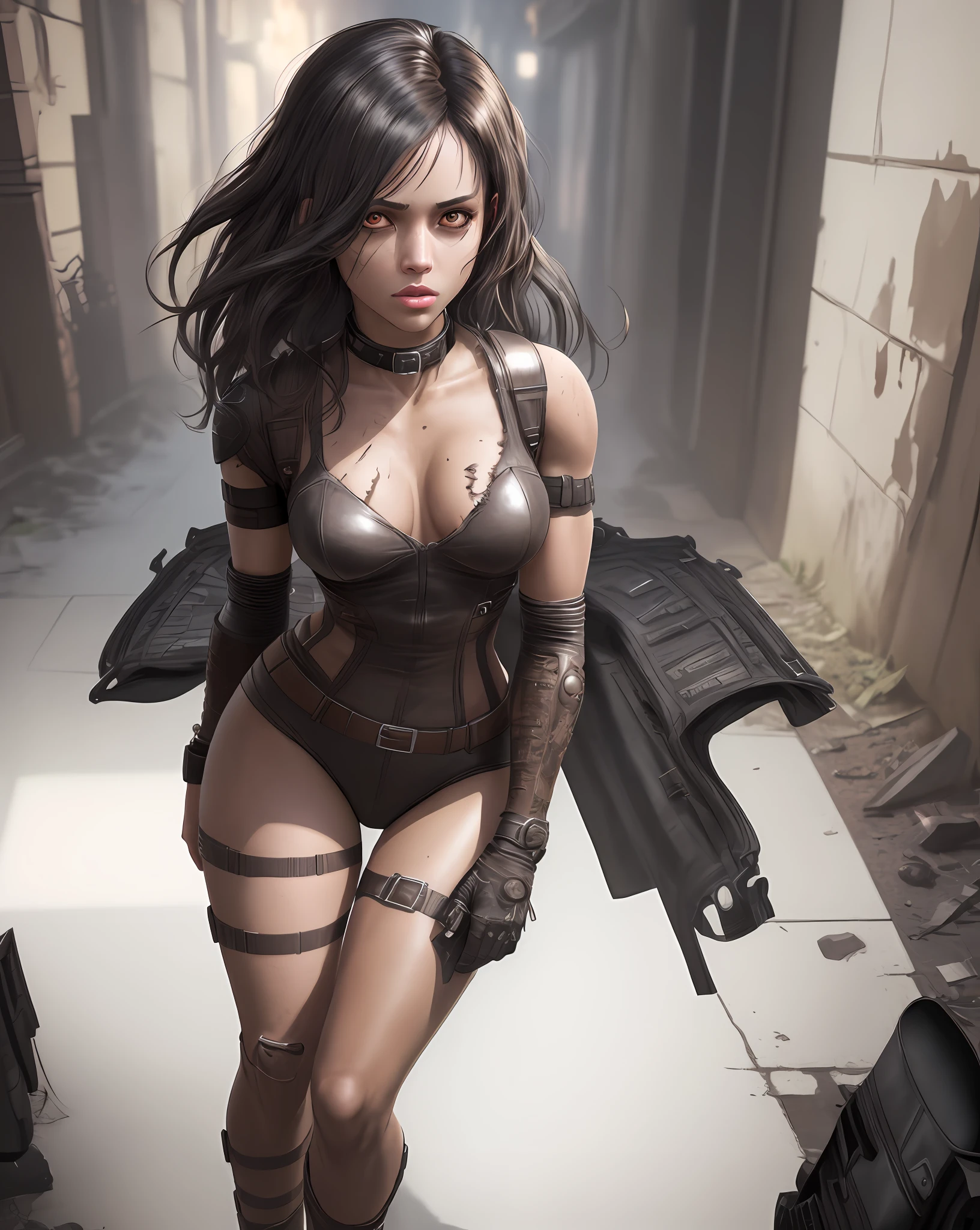 "Complete artwork masterpiece, high quality, ultra detailed in 4k, 8k, high resolution, hyper-realistic photo, hyper-detailed, realistic skin texture, amazing shadows, background, extremely detailed texture, perfect lighting, high-level image quality." The female protagonist of a zombie shooting (resident evil) game, brown skin, Full body, various poses, Black leather armor, long black hair, brown eyes, defined face, small breasts, collar, use reference picture as role model, high detailed ravaged city at night in the back