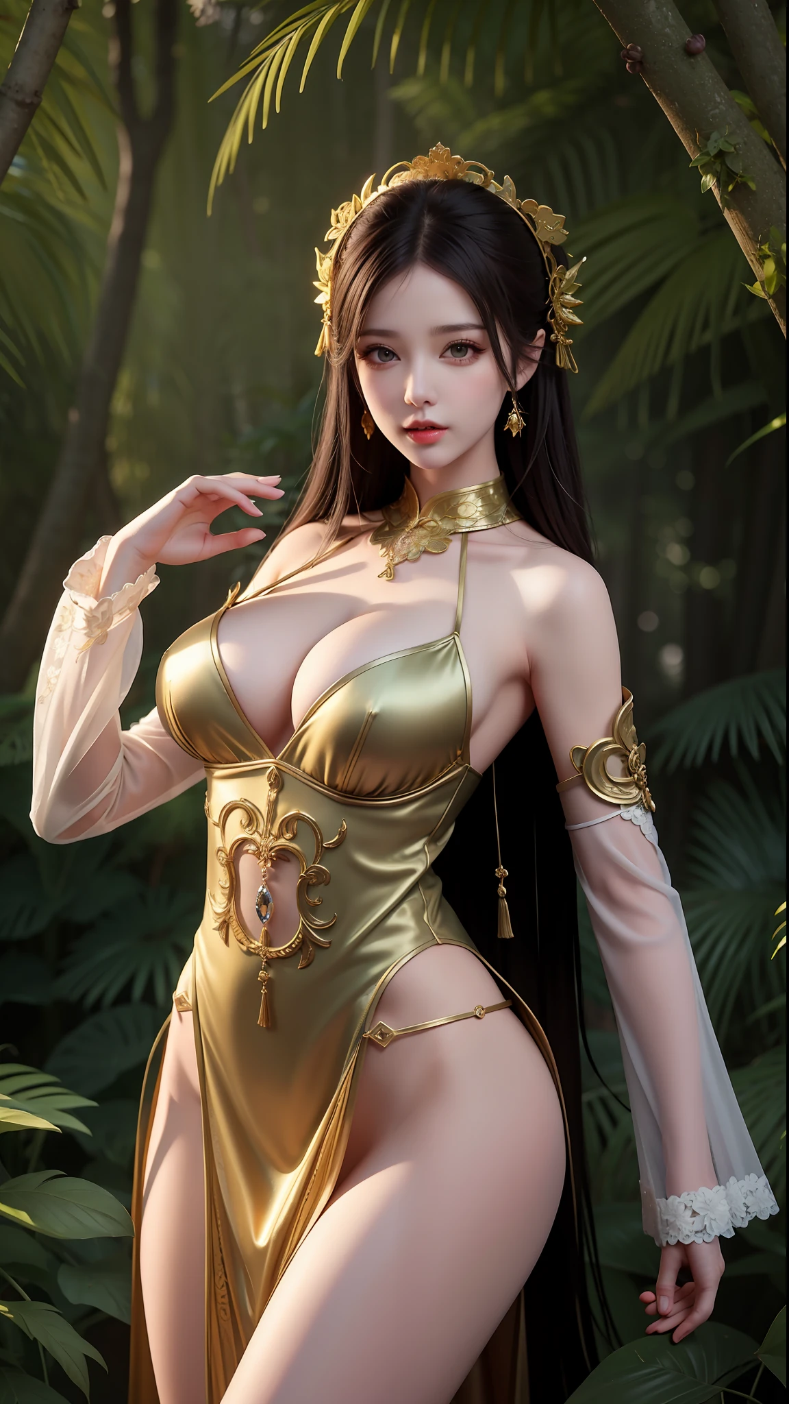 Best Quality, Masterpiece, High Detail, Realistic, High Definition, Adult Film Star, Tall Body, Hourglass Figure, Woman Dancing in the Forest, Jungle, lace, Ancient, Night, Ancient Costume, Seduction. , making an erotic face, making an face, , very little light, very dark, very dark, no light, foggy
