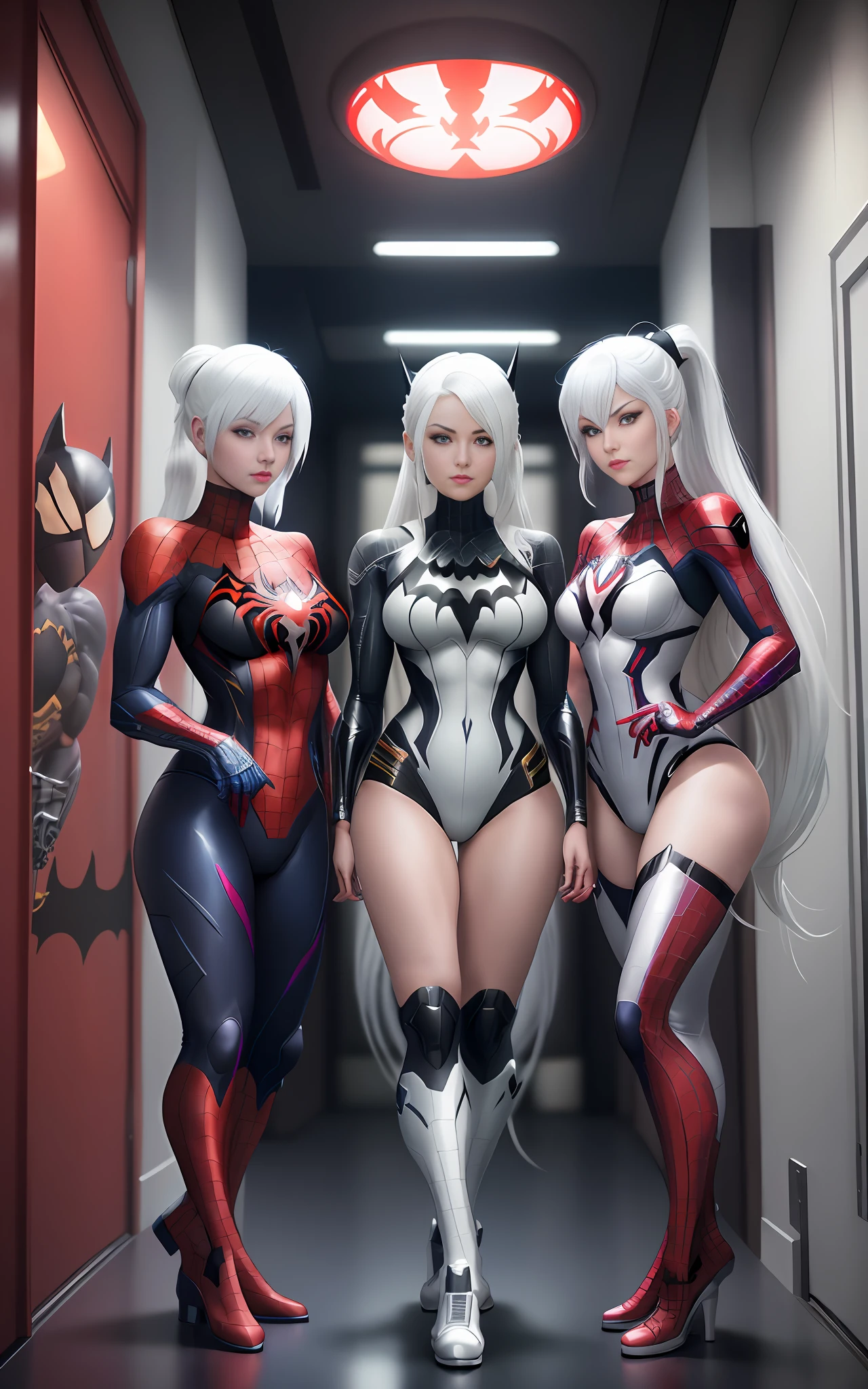 Imagine 16k, Unreal Engine 5, Anime style, [Mortal Kombat|Super Metroid],((Girl|Samus Aran|Ninja|spiderman|Batman|Cyberpunk])), ((white hair)), ((red eyes)), looking at the viewer with a smile, in a hotel room in front of the bathroom.