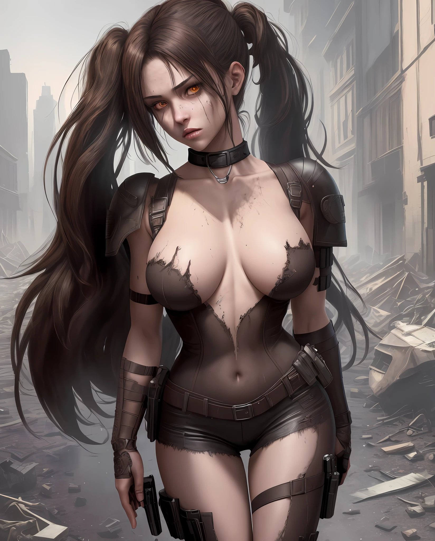 "Complete artwork masterpiece, high quality, ultra detailed in 4k, 8k, high resolution, hyper-realistic photo, hyper-detailed, realistic skin texture, amazing shadows, background, extremely detailed texture, perfect lighting, high-level image quality." The female protagonist of a zombie shooting (resident evil) game, brown skin, Full body, various poses, Black leather armor, long black hair, brown eyes, defined face, small breasts, collar, use reference picture as role model, high detailed ravaged city at night in the back