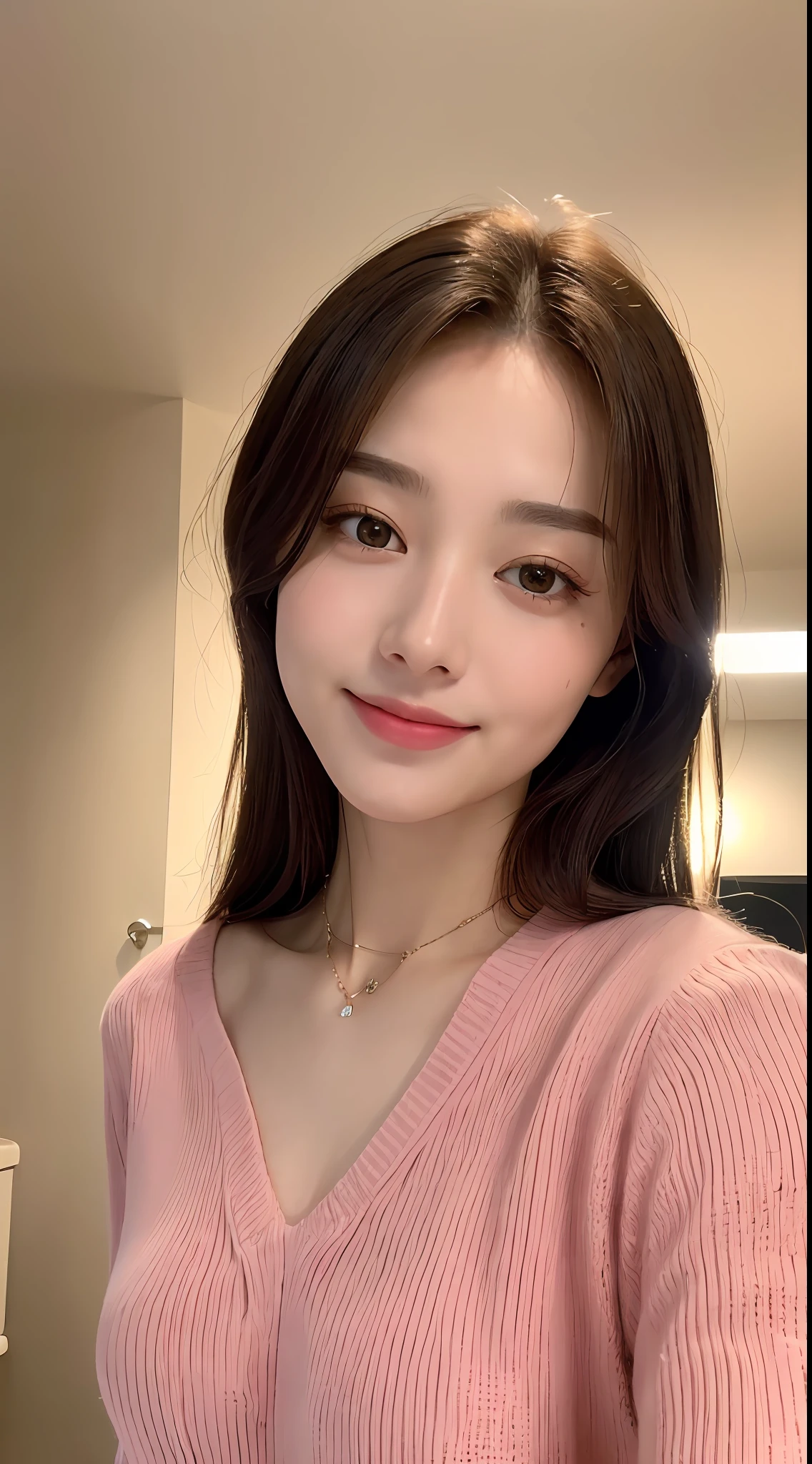 ((Night, Realistic Light, Best Quality, 8K, Masterpiece: 1.3)), 1girl, Slim Beauty: 1.4, Abs: 1.1, (Brown hair, Medium breasts: 1.3), Long pink sweater: 1.1, Bathroom, Super fine face, Delicate eyes, Double eyelids, smile, necklace