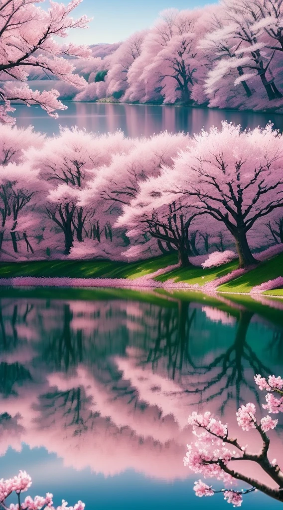 a close up of a tree with pink flowers near a body of water, beautiful landscape, beautiful wallpaper, beautiful nature, beautiful serene landscape, beatiful backgrounds, nature wallpaper, beautiful scenic landscape, beautiful dreamy landscape, peaceful landscape, epic beautiful landscape, serene landscape, very beautiful scenery, beautiful lake background, beautiful background, beautiful scenery, cherry blossom trees