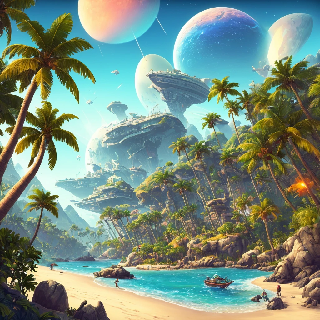 (masterpiece, best quality:1.2), a close up of a beach with a boat and palm trees, concept art by Jason Benjamin, polycount contest winner, process art, epic coves crashing waves plants, lush oasis, lush alien landscape, stylized concept art, beach on the outer rim, on a lush fertile alien planet, videogame still, stylized game art, no man's sky landscape, gameplay still