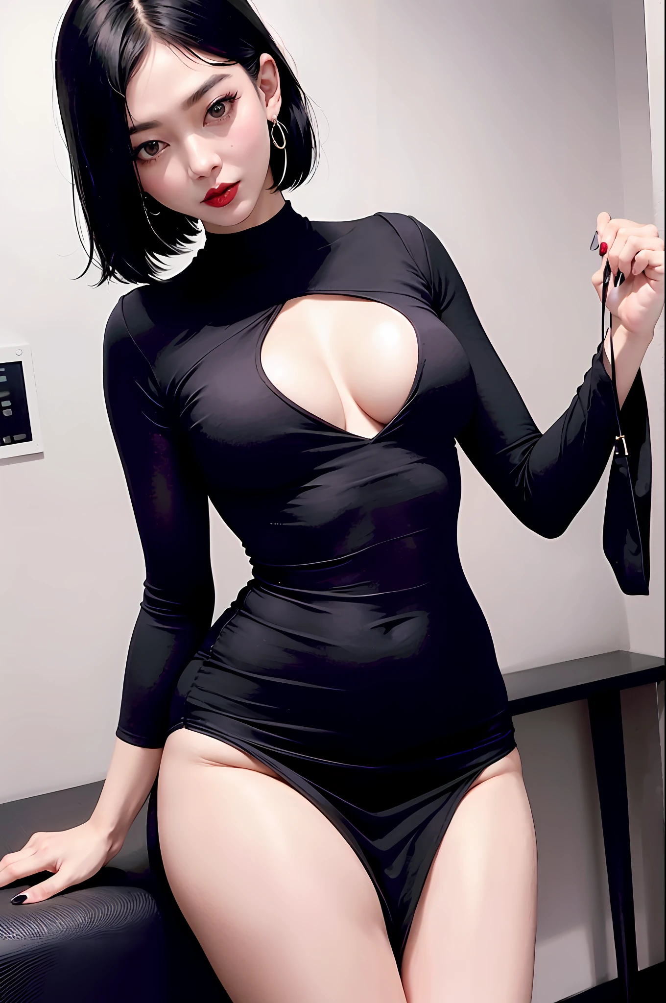 Black hair bob, Japan, woman in her 30s,, sexy, 1 girl, pitch black lipstick, a lot of lip gloss, midnight, dim, white skin, slender, big, knit with open back, bare legs, heels, full body, micro mini skirt, crotch open, pubic shape is well visible, areola is visible