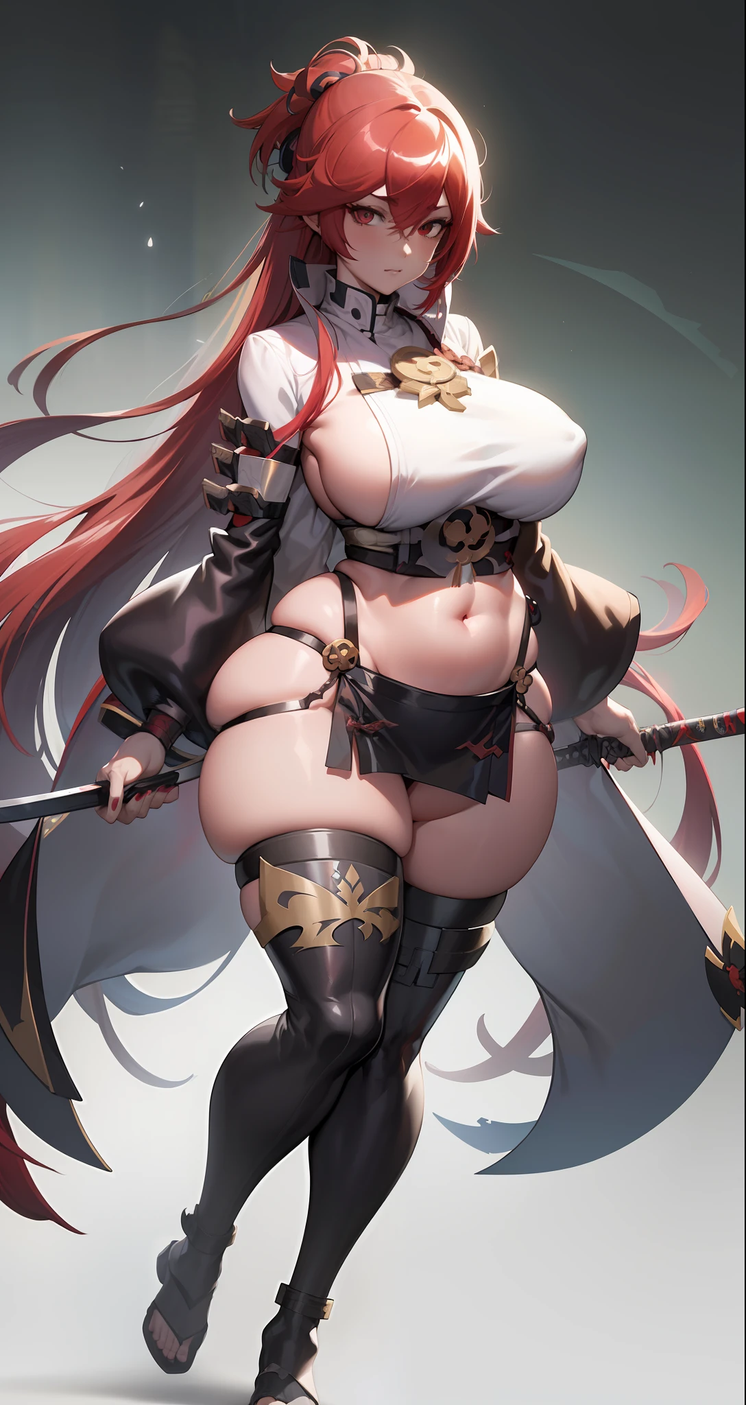 a woman with long red hair and a sword in her hand, thicc, wlop rossdraws, onmyoji, she has a jiggly fat round belly, cushart krenz key art feminine, onmyoji detailed art, wlop and krenz cushart, guweiz, anime goddess, rossdraws sakimimichan