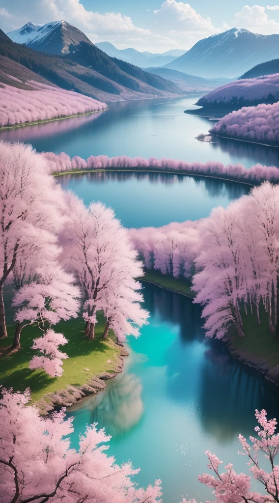 there is a picture of a beautiful lake with pink flowers, a picture by Anton Räderscheidt, trending on shutterstock, romanticism, beautiful landscape, beautiful render of a landscape, sakura blooming on background, beautiful serene landscape, beautiful dreamy landscape, beautiful nature, beautiful background, serene landscape, epic beautiful landscape, beautiful scenic landscape, beautiful natural background
