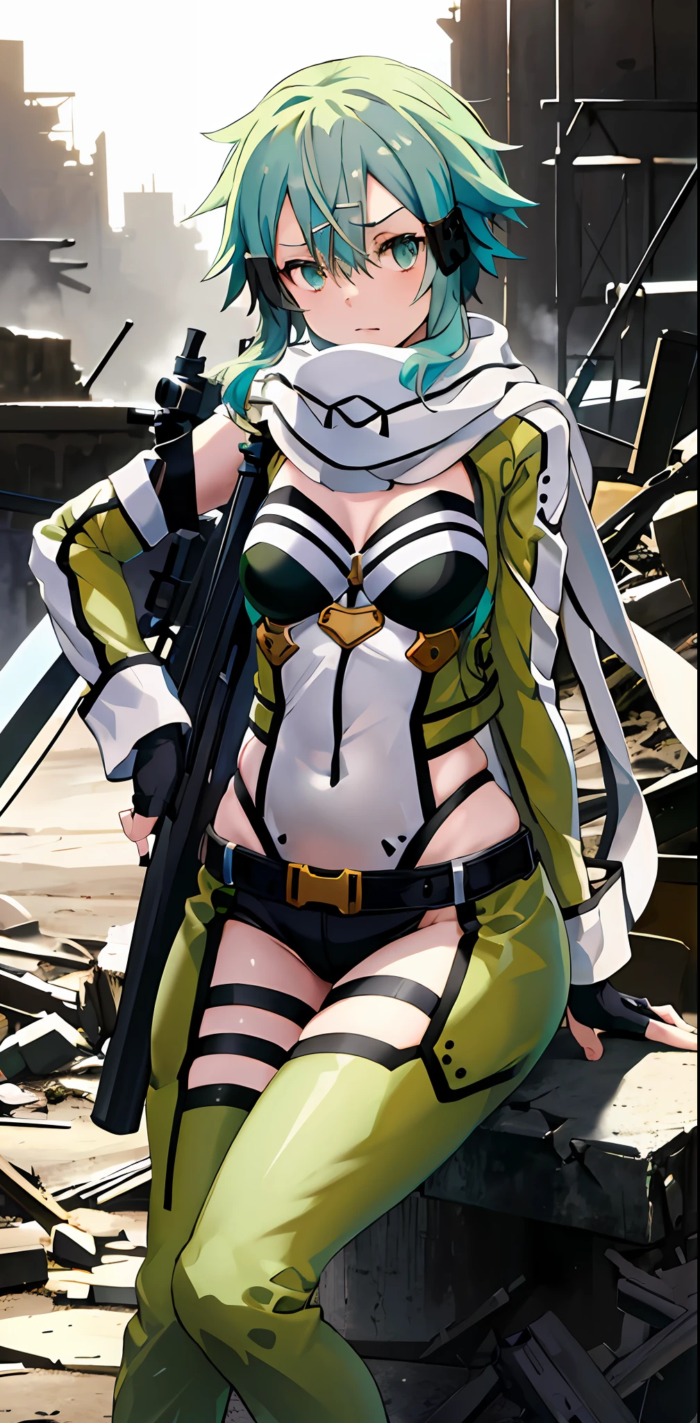 masterpiece, best quality, high resolution, 1girl, sinon1, scarf, fingerless gloves, green with black bikini, hair ornament, hair clip, thigh strap, cowboy shooting, holding gun, sniper rifle, ruins, sitting , hands on hips, worried, curvy, little waist, chubby, face red with embarrassment, surrounded by people