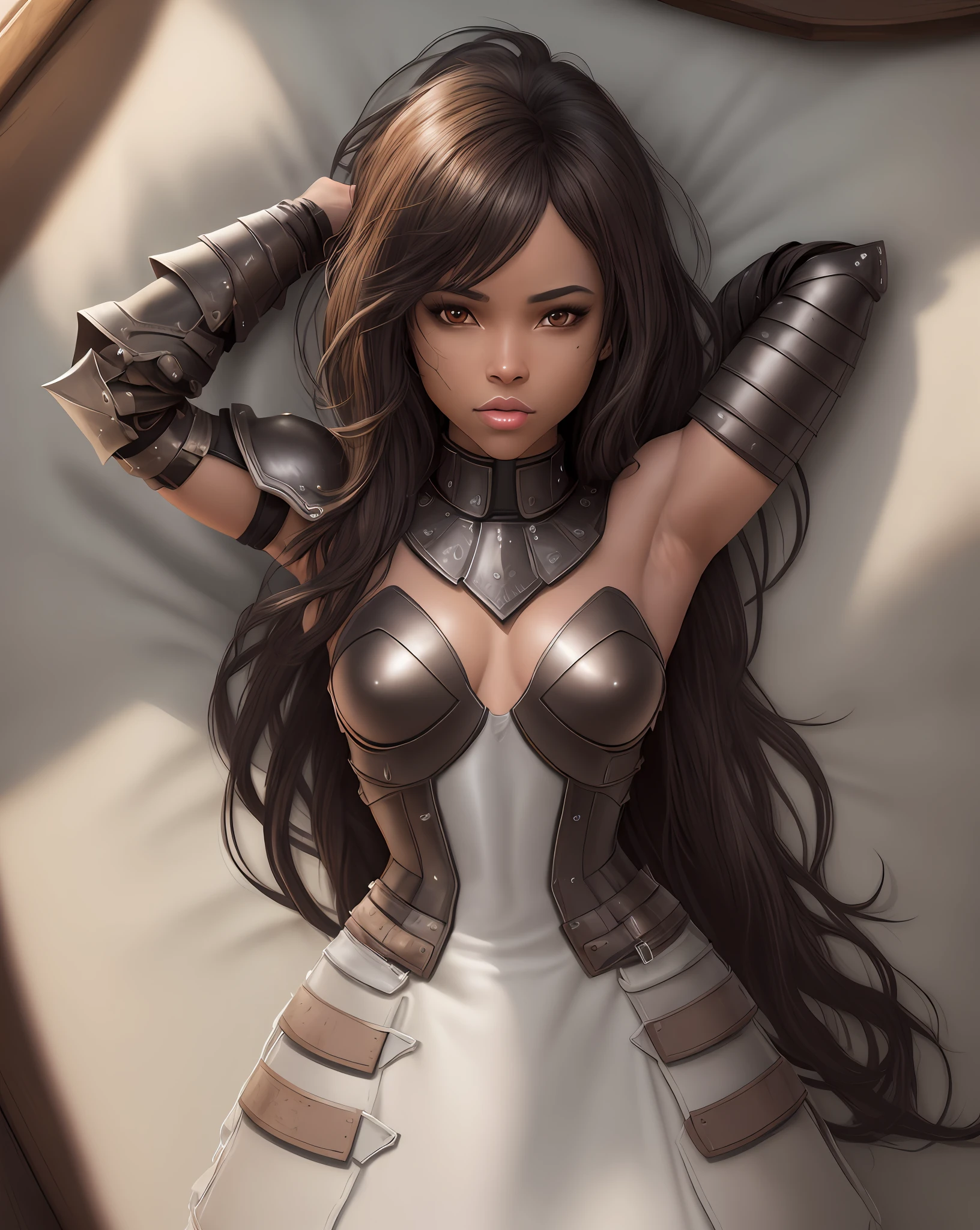 "Complete artwork masterpiece, high quality, ultra detailed in 4k, 8k, high resolution, hyper-realistic photo, hyper-detailed, realistic skin texture, amazing shadows, background, extremely detailed texture, perfect lighting, high-level image quality." The female protagonist of a ecchi game, brown skin, Full body, Black leather armor, long black hair, brown eyes, defined face, small breasts, collar, use reference picture as role model, armpit, arms up tied in bed